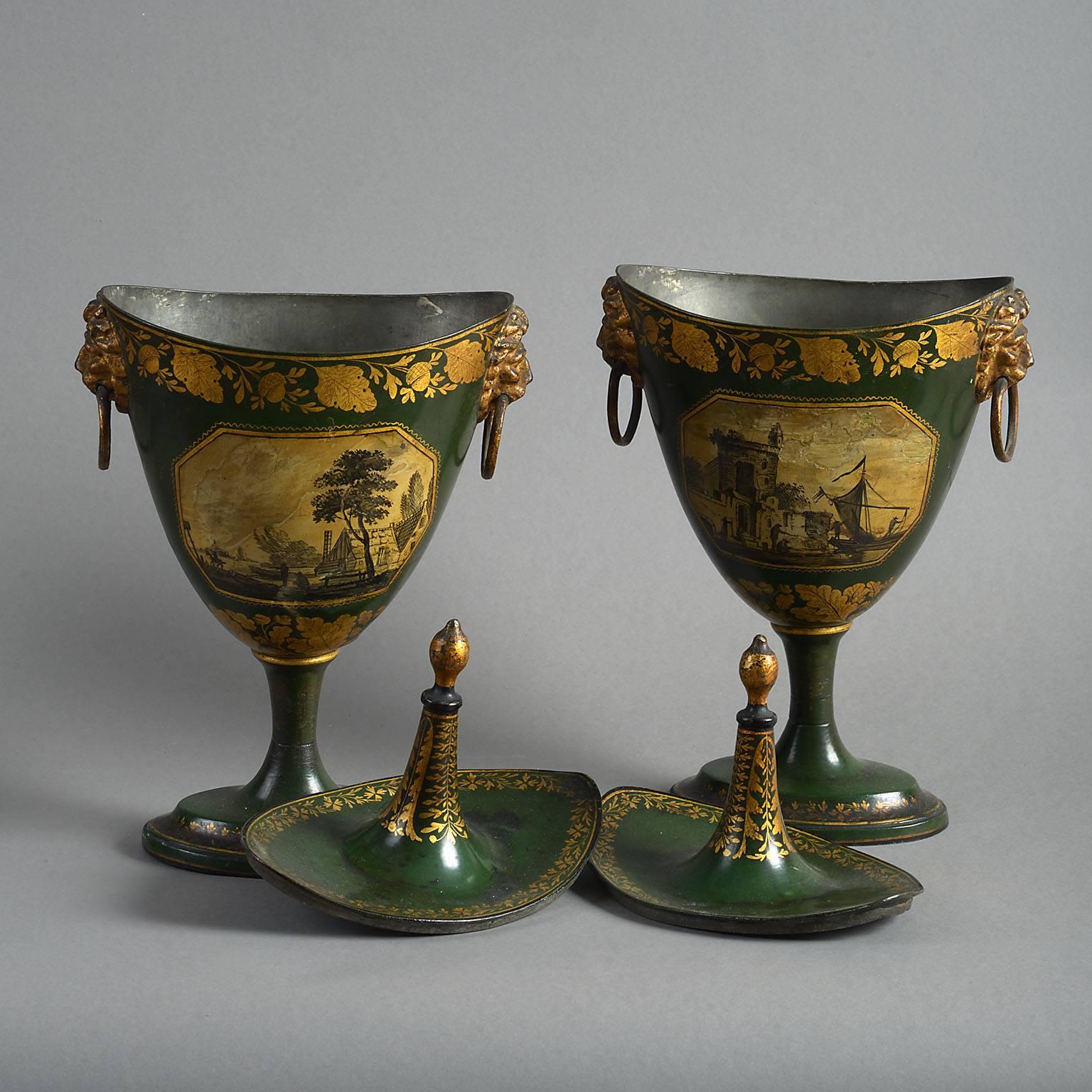 English Pair of Early 19th Century George III Green Toleware Covered Chestnut Urns