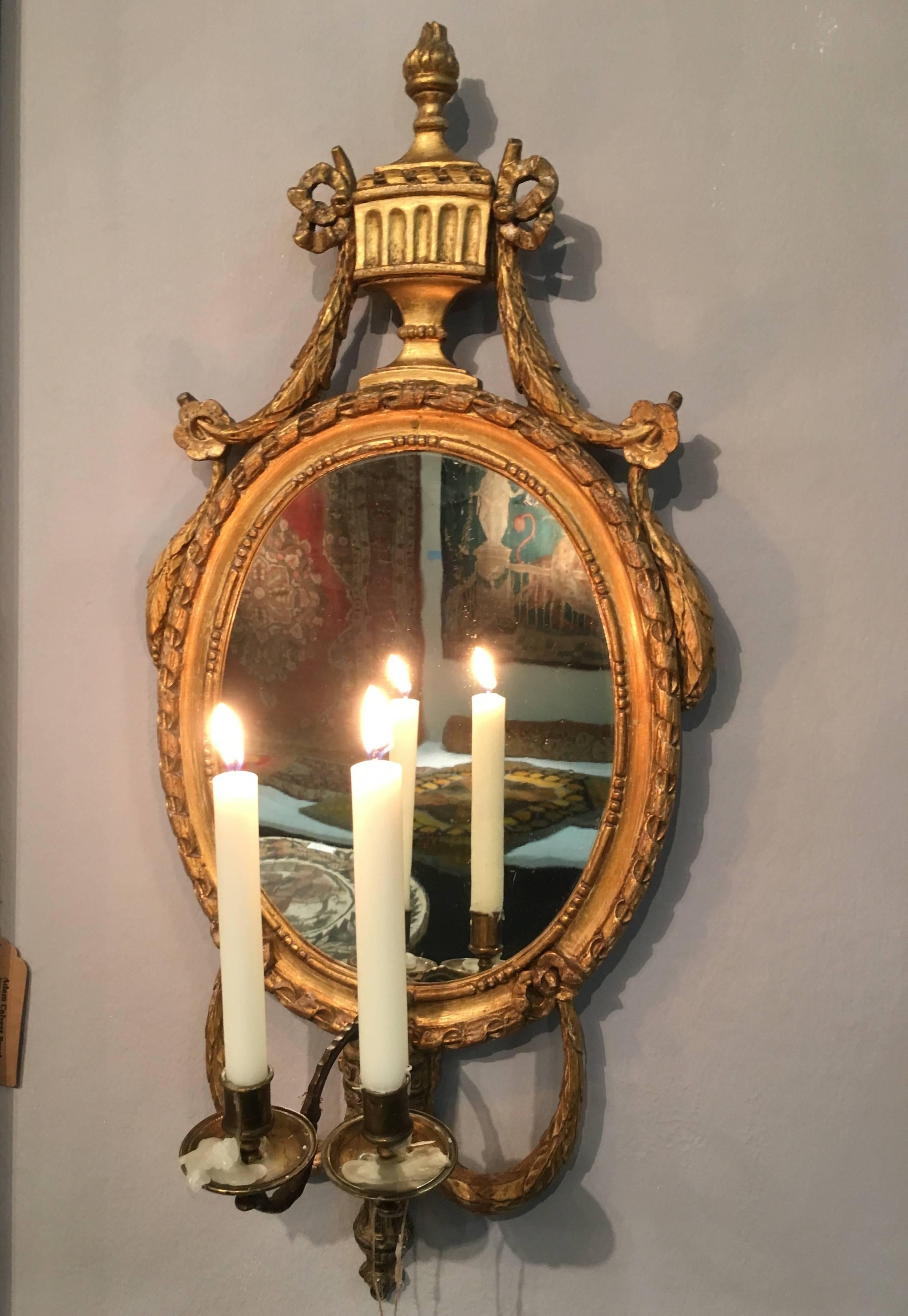 Neoclassical Pair Baltic Giltwood and Bronze Girandole or Wall Lights For Sale