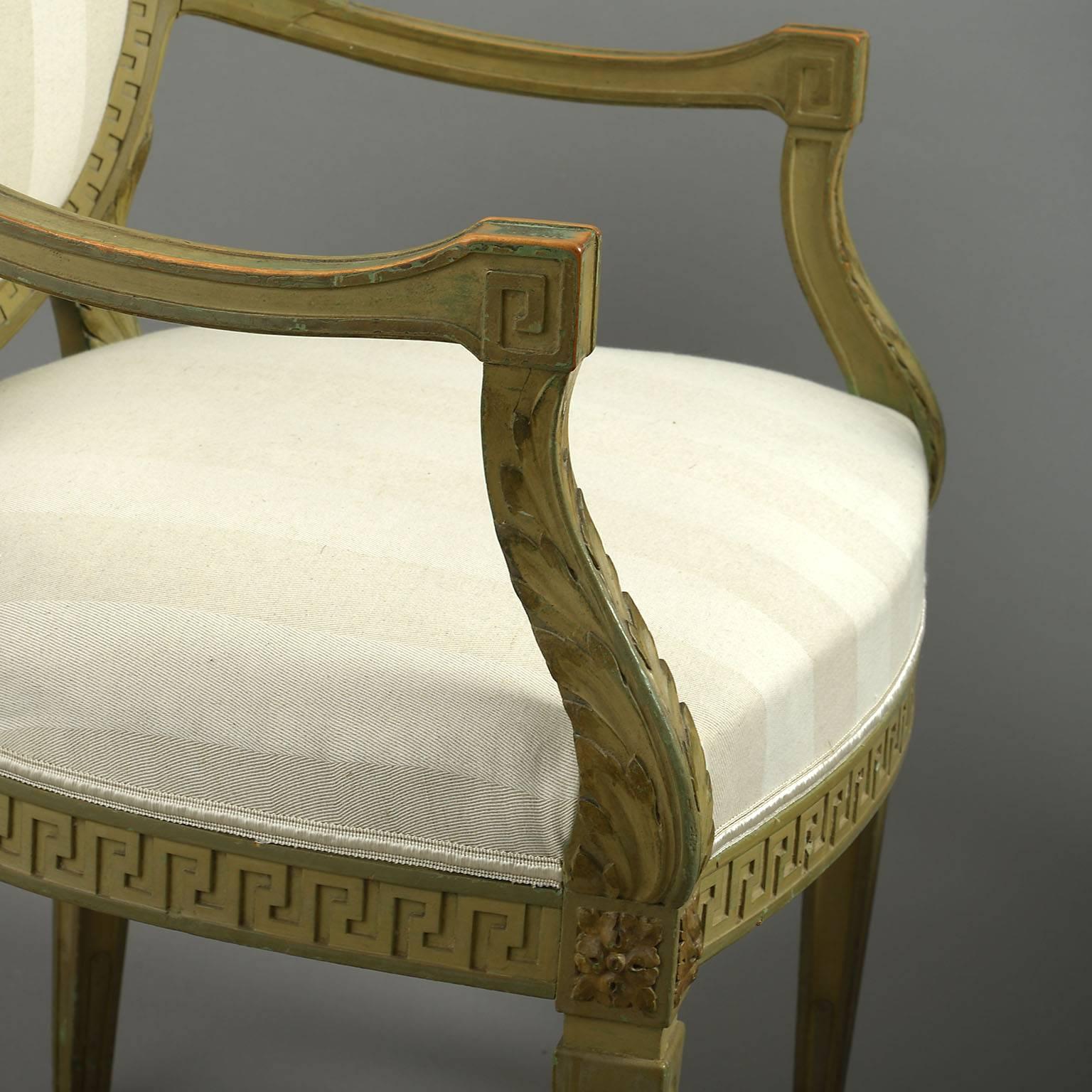 Neoclassical Revival Pair of Green Painted Open Armchairs For Sale