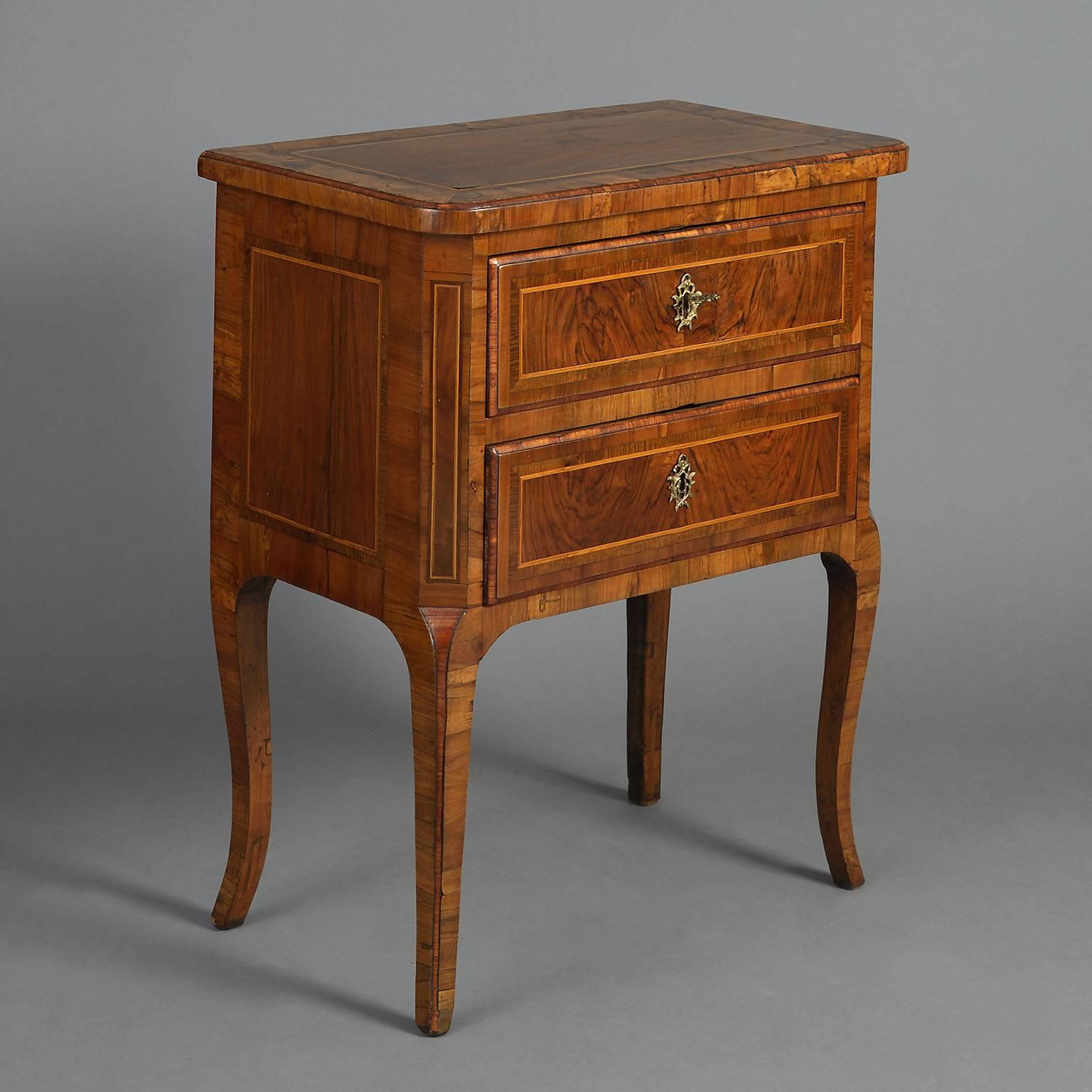 The cross-banded top with rounded corners above two similarly cross-banded drawers raised on cross-grain veneered cabriole legs. Inventory mark 