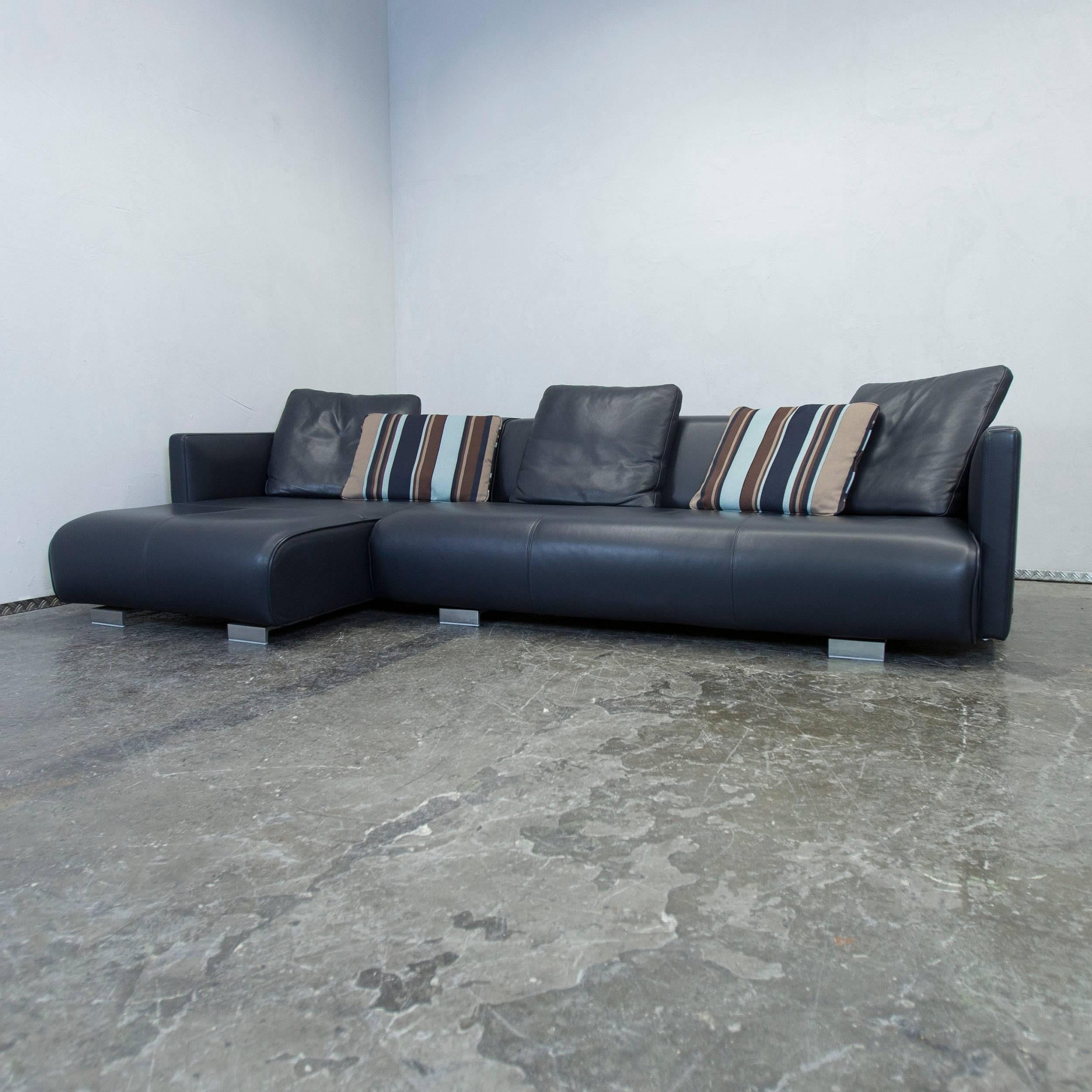 Rolf Benz premium corner sofa dark blue leather made in Germany in great condition including stool.