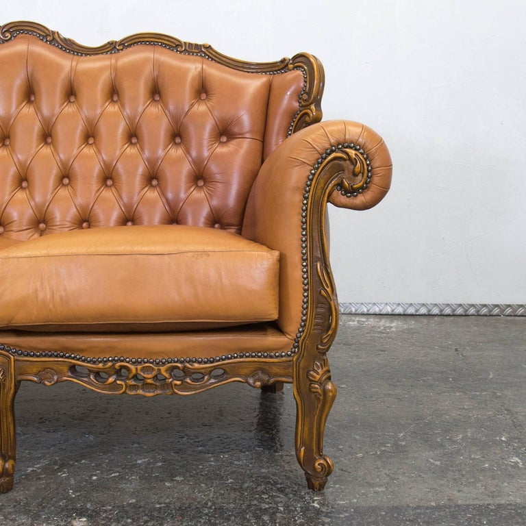 Chesterfield Baroque Leather Sofa Cognac Brown Three-Seat Wood Retro Vintage  For Sale at 1stDibs | antique couch