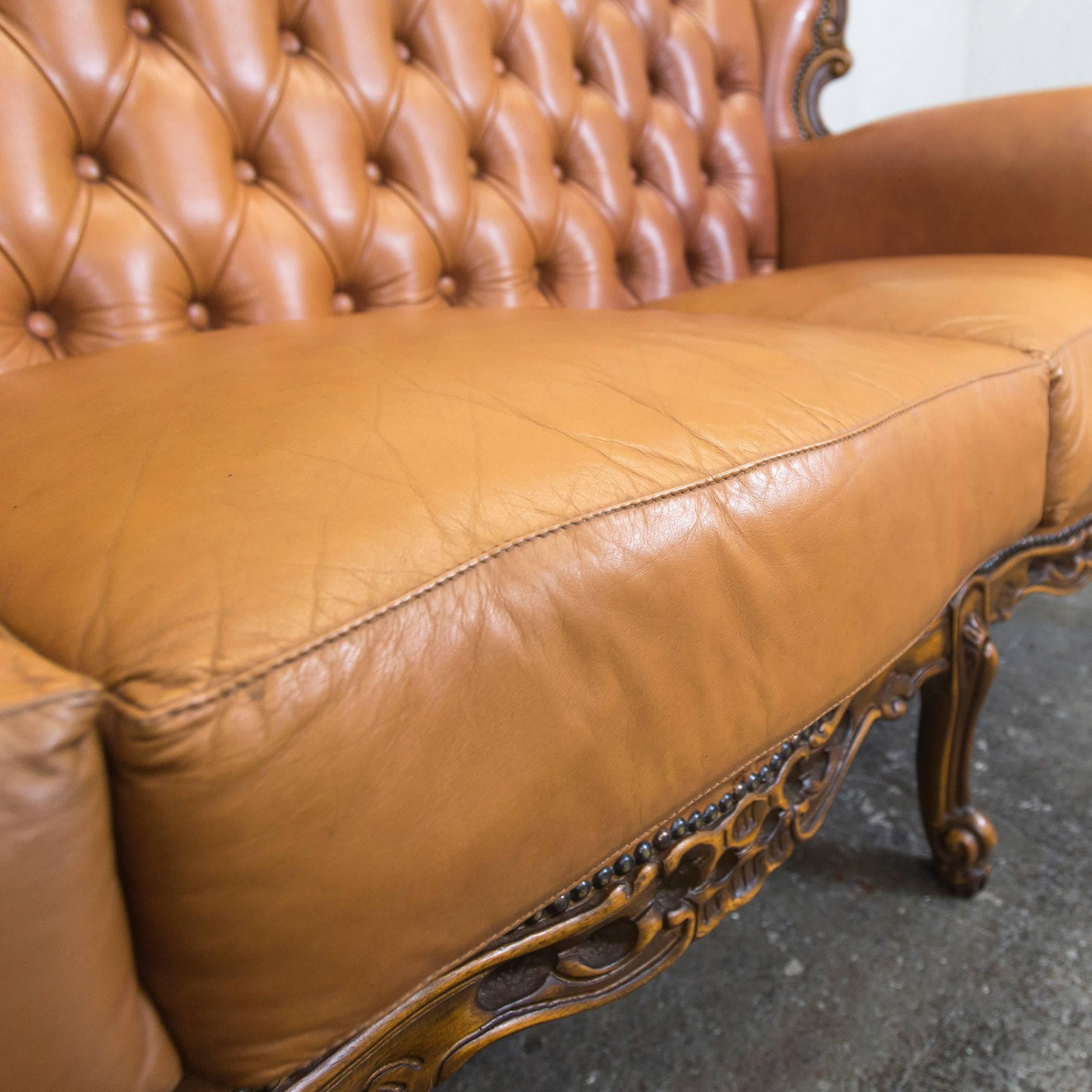 Chesterfield Baroque Leather Sofa Cognac Brown Three-Seat Wood Retro Vintage In Excellent Condition For Sale In Cologne, DE