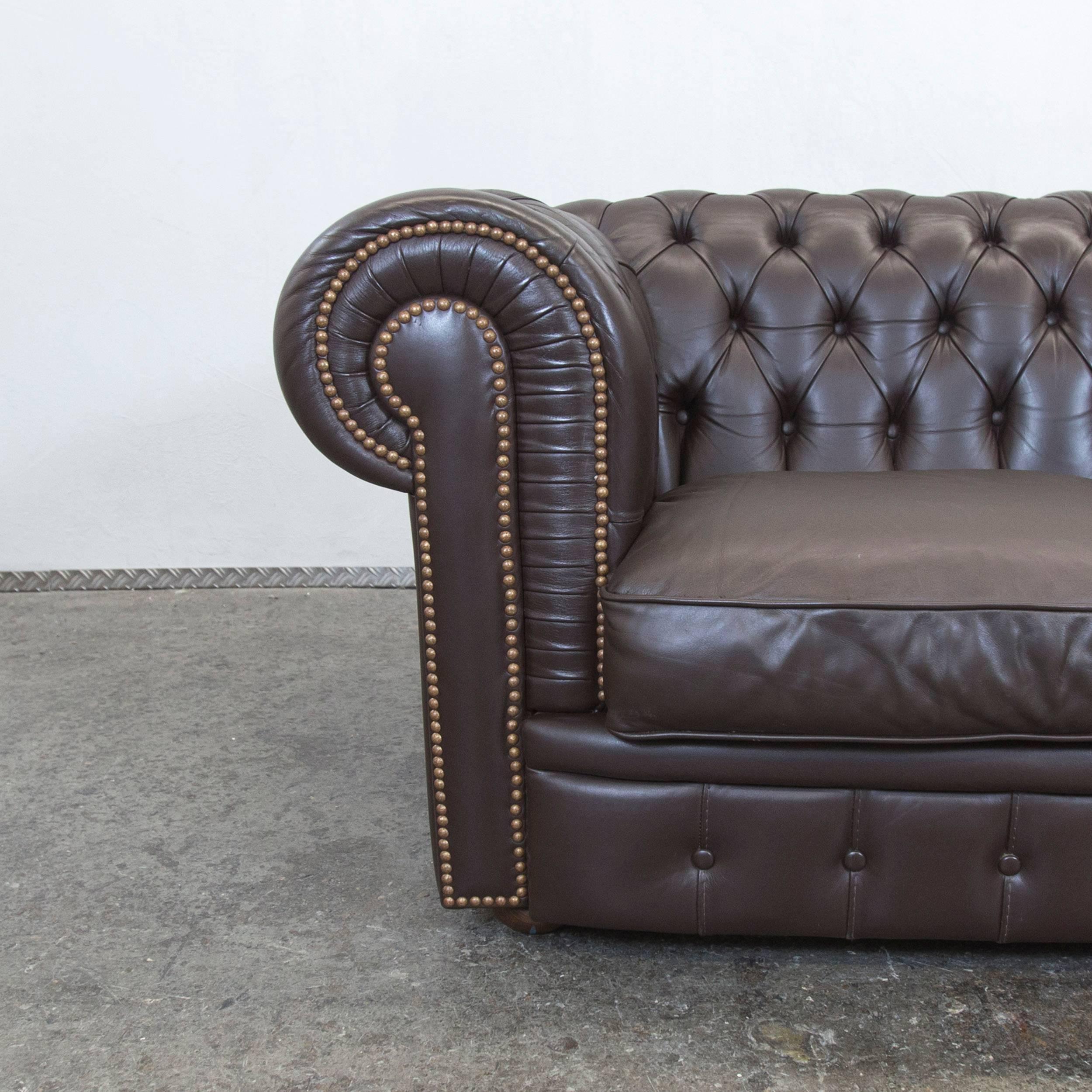 Italian Calia Chesterfield Sofa Brown Leather Three-Seat Couch Vintage Retro
