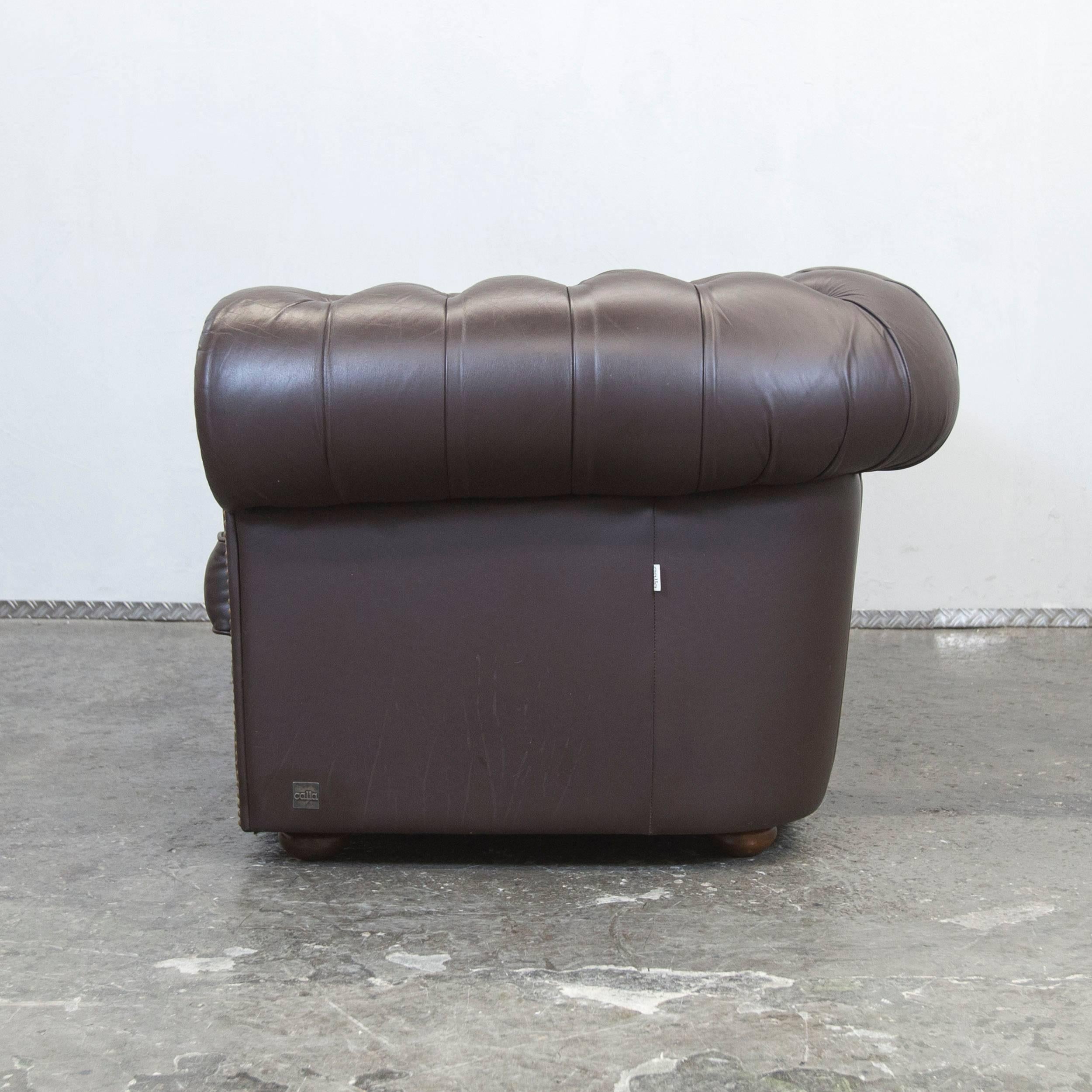 Calia Chesterfield Sofa Brown Leather Three-Seat Couch Vintage Retro 3