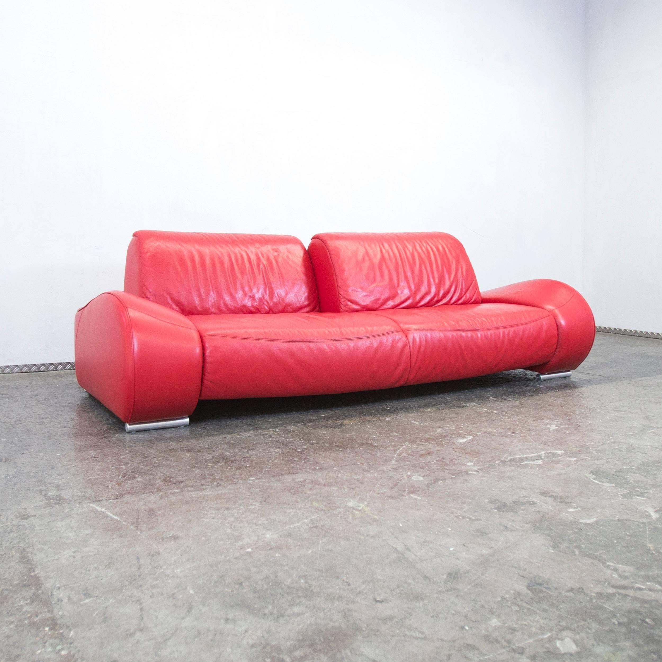 Hummel Designer Leather Sofa Red Three-Seat Couch Modern Function at 1stDibs