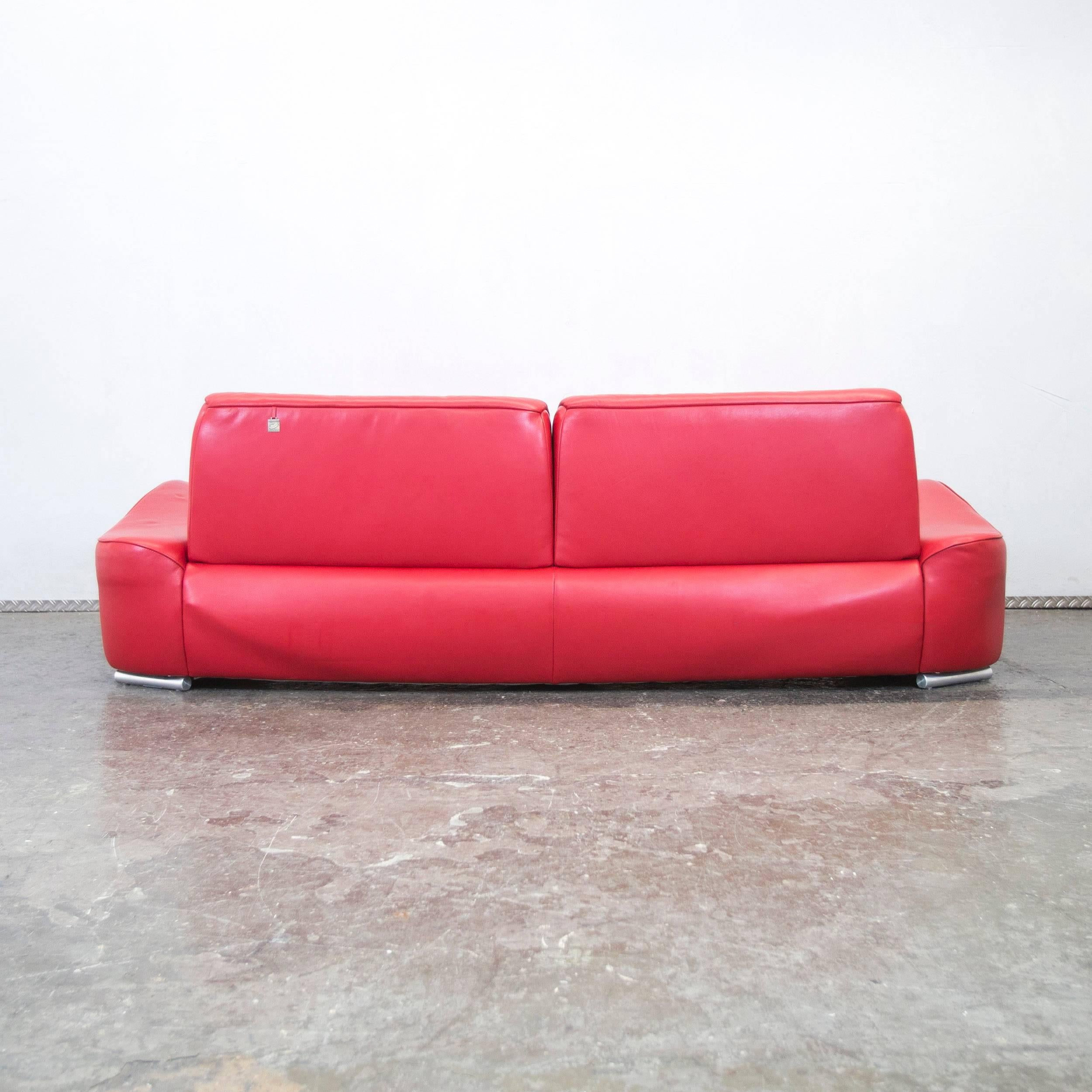 Hummel Designer Leather Sofa Red Three-Seat Couch Modern Function at 1stDibs