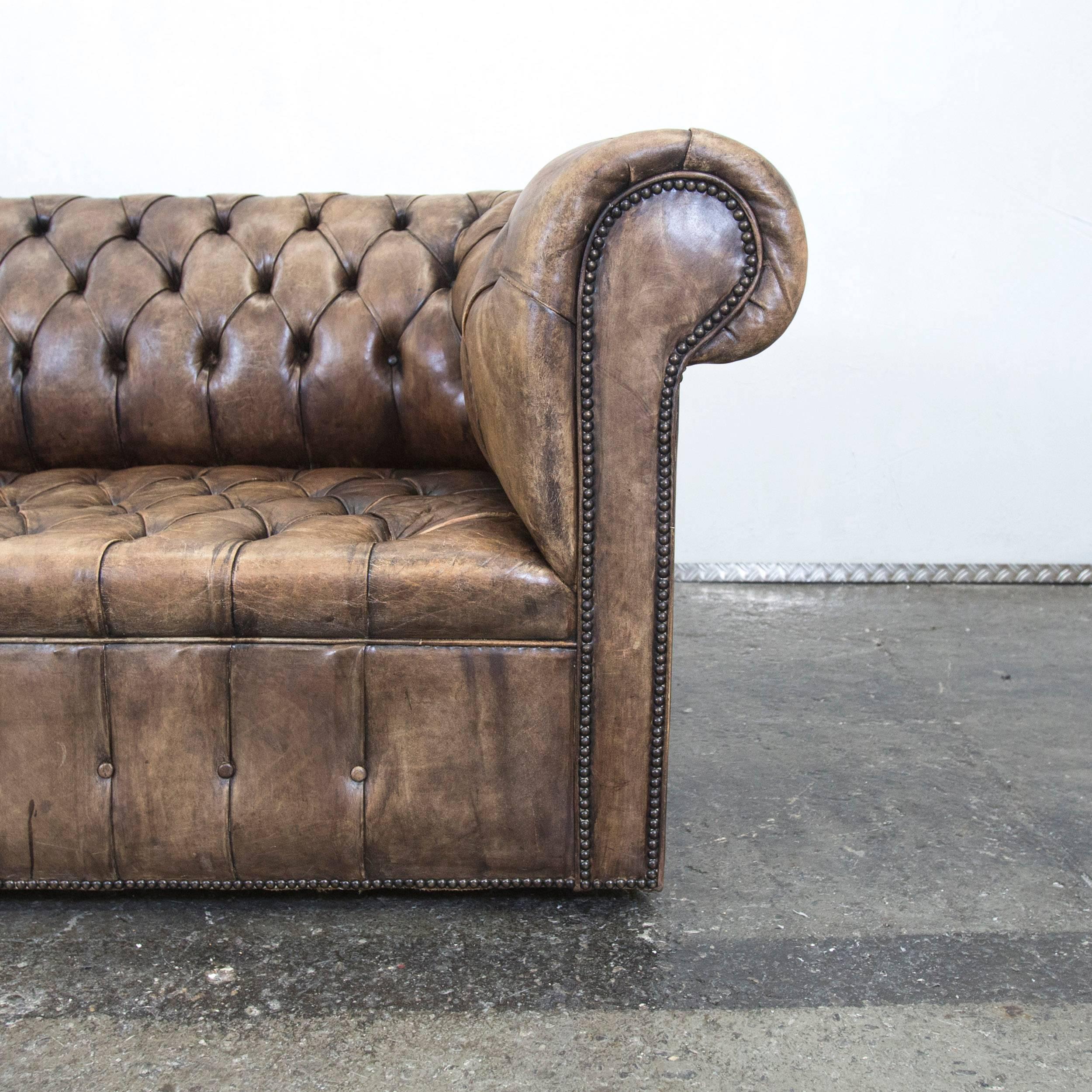 British Chesterfield Sofa Brown Beige Leather Three-Seat Couch Vintage Retro For Sale