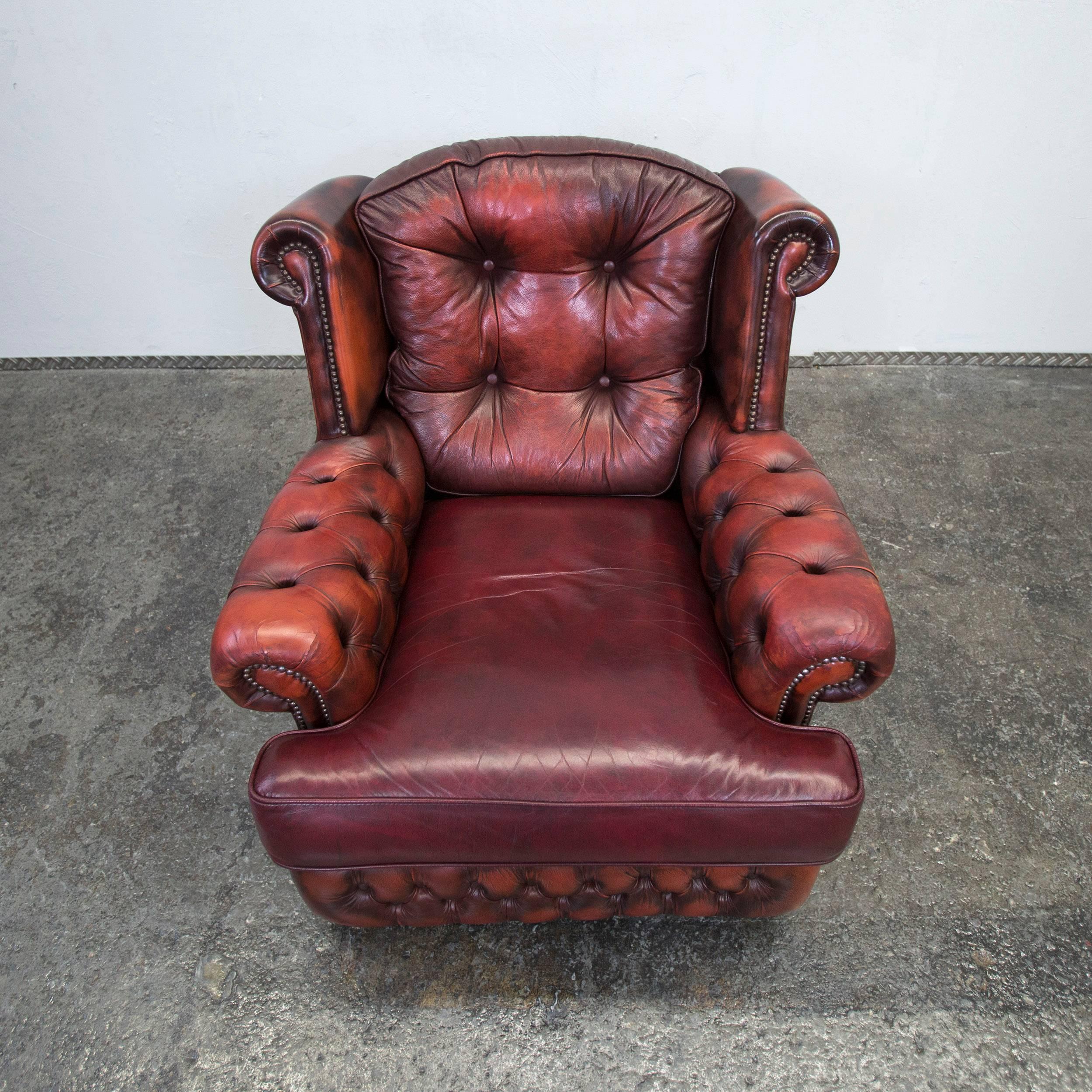 British Chesterfield Leather Armchair Red Brown One Seat Chair Couch Vintage Retro