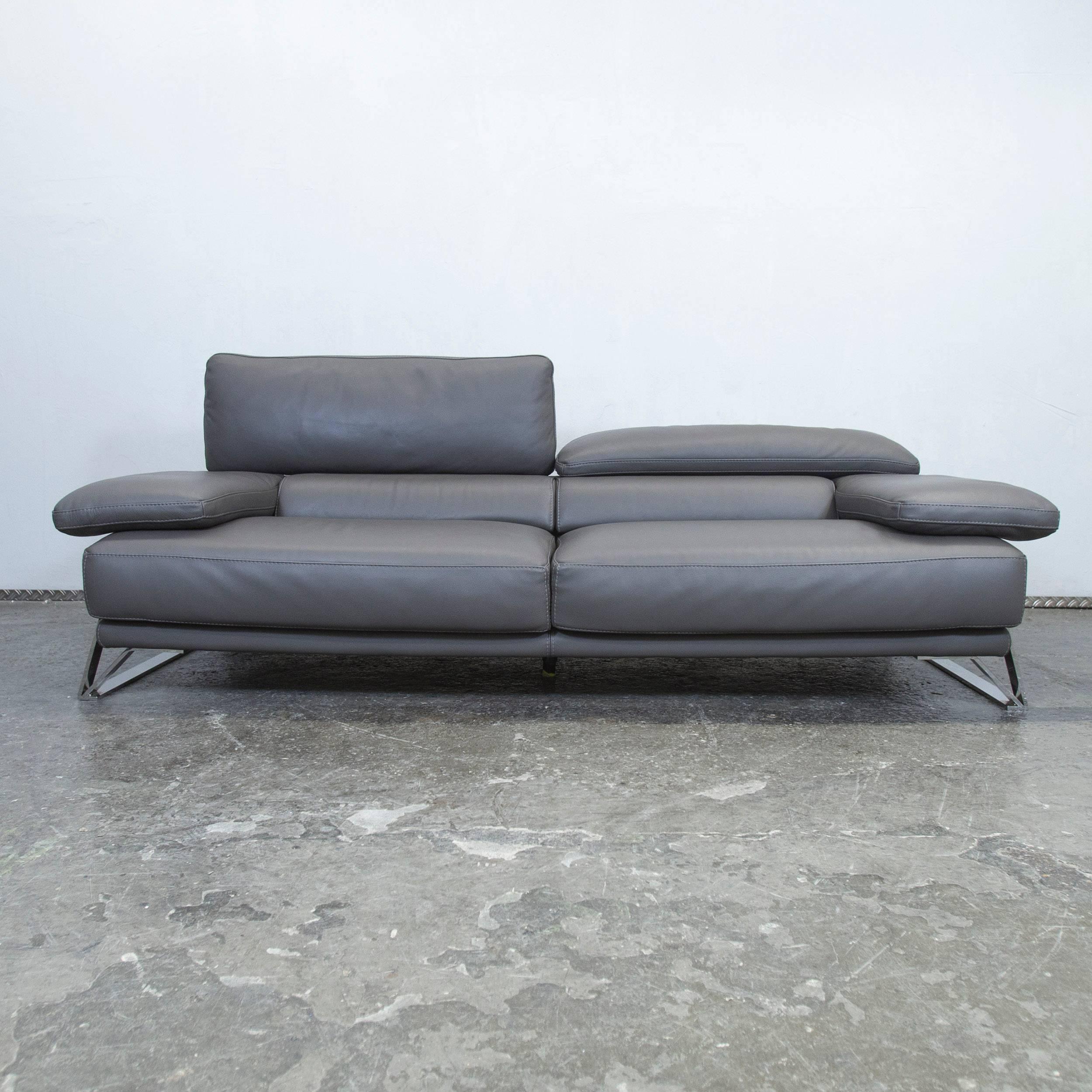 Contemporary Roche Bobois Designer Sofa Grey Leather Three-Seat Couch Function Modern