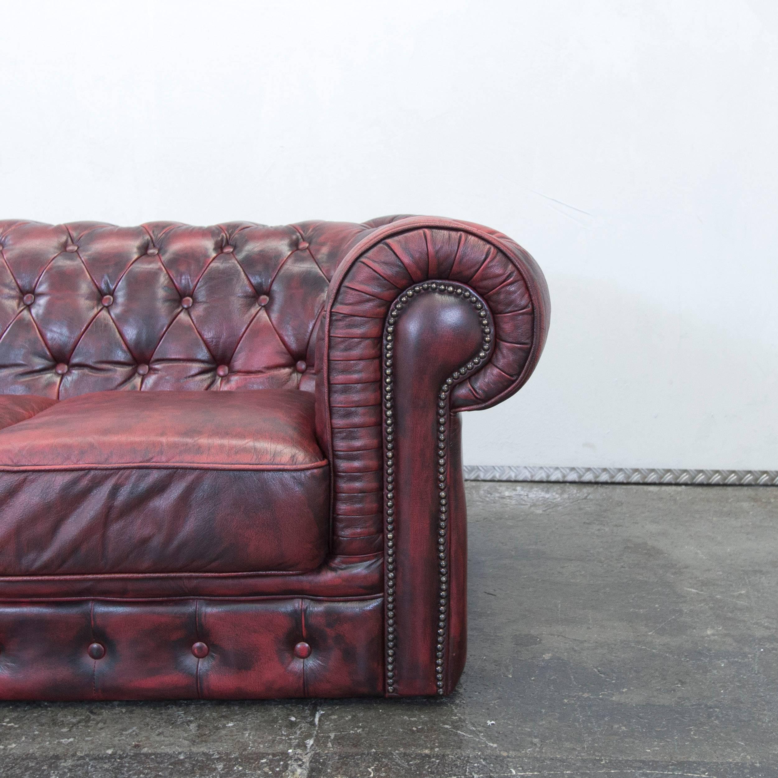 British Chesterfield Designer Leather Sofa Red Three-Seat Couch Vintage Retro