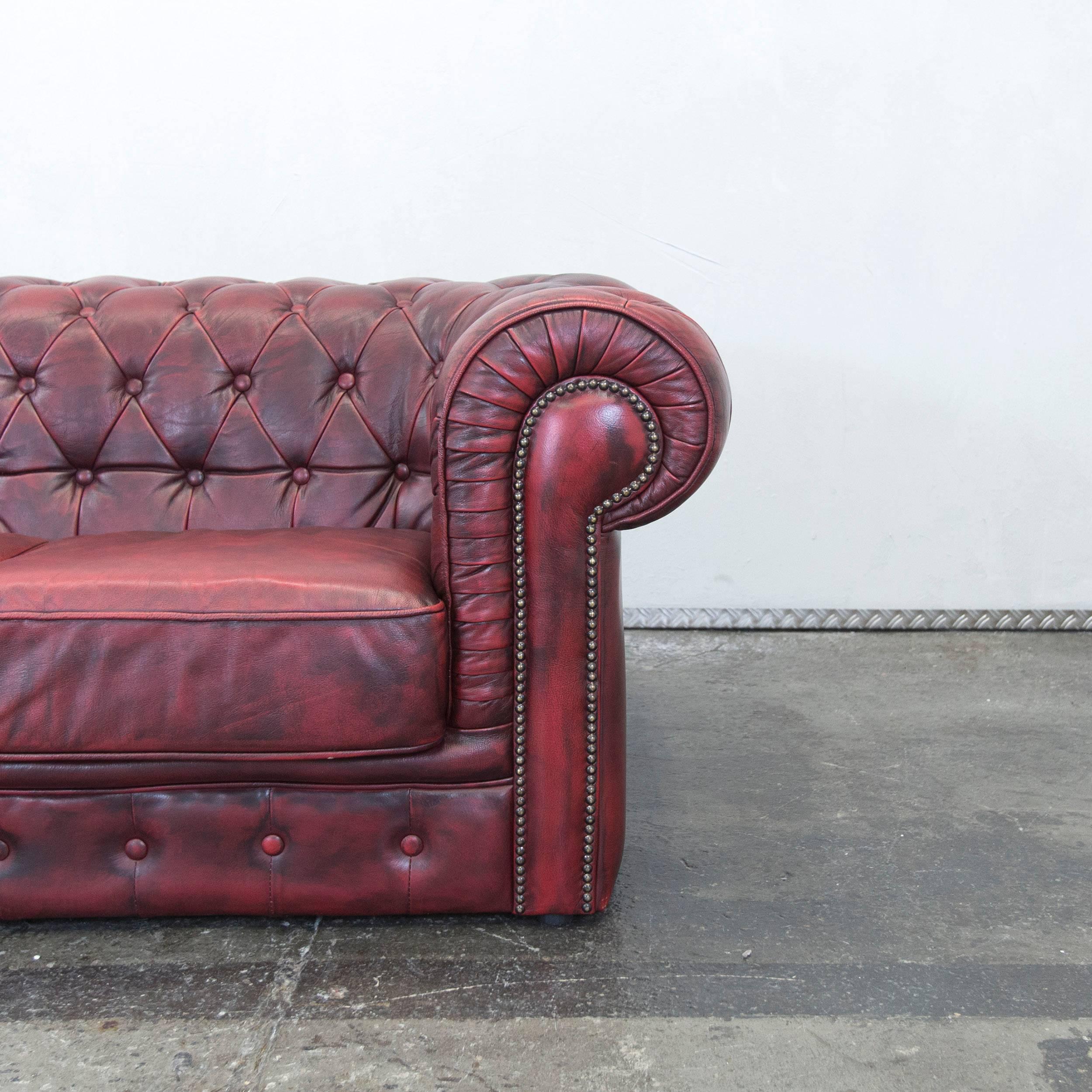 British Chesterfield Designer Leather Sofa Red Two-Seat Couch Vintage Retro