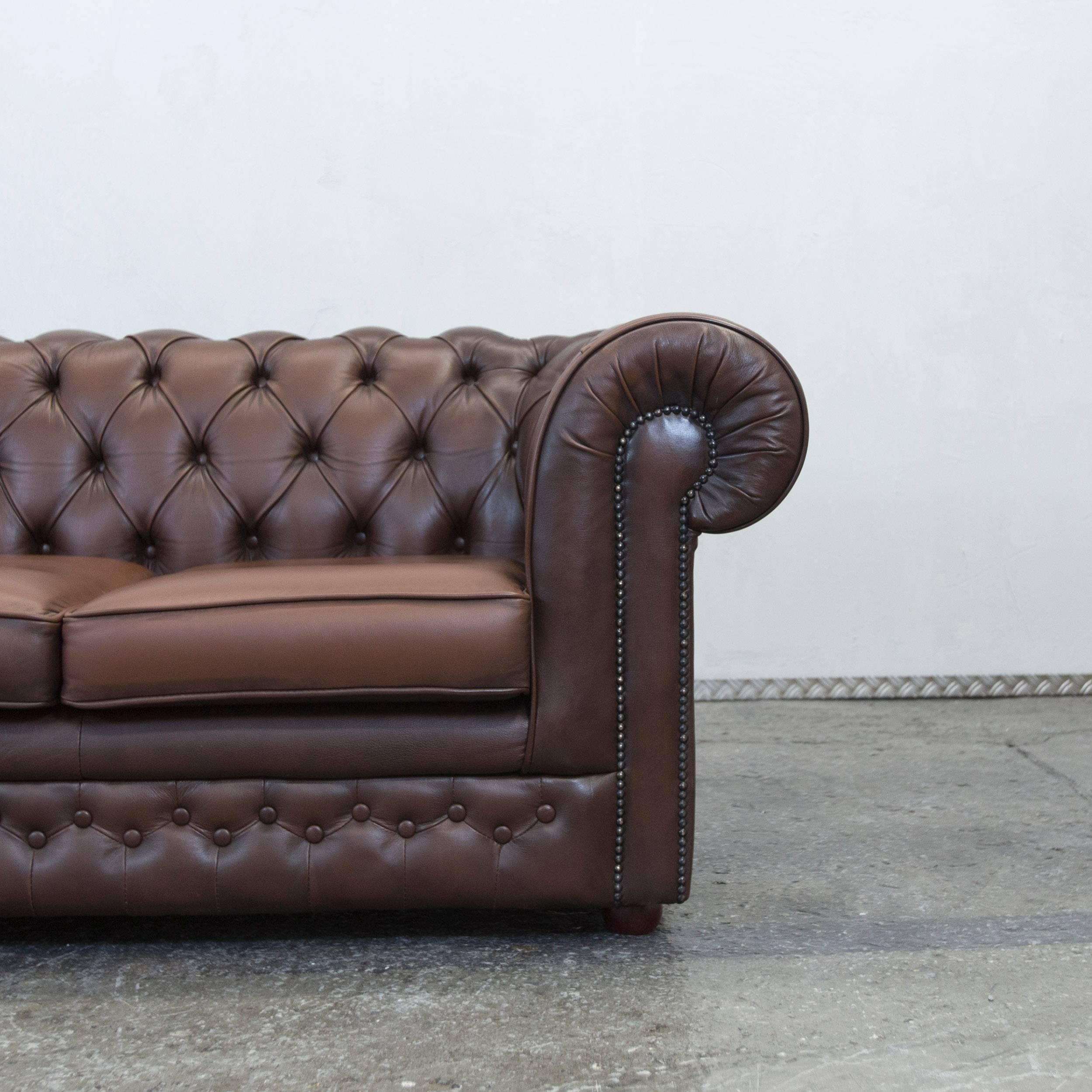British Thomas Lloyd Chesterfield Leather Sofa Brown Three-Seat Couch Vintage Retro
