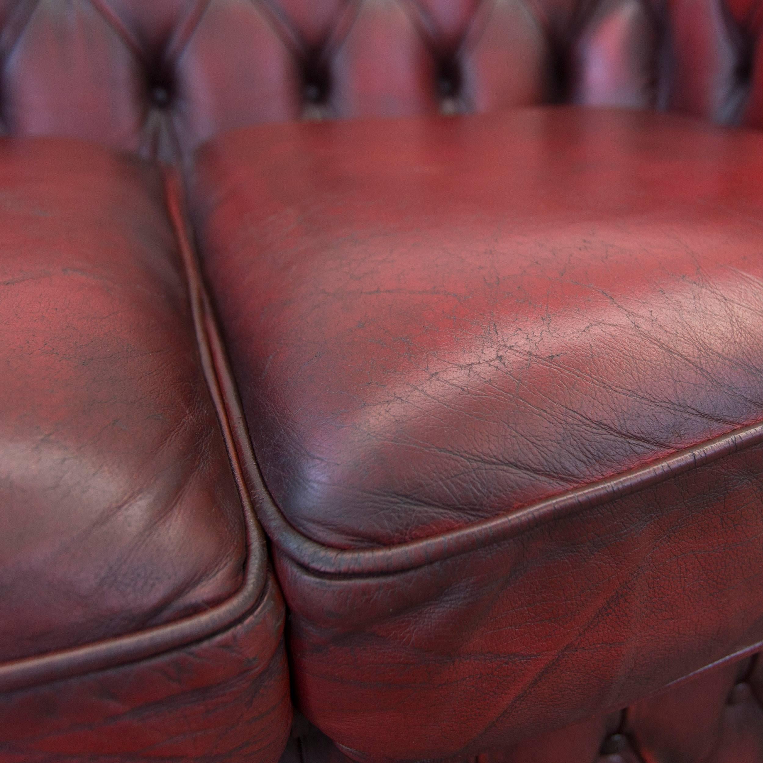 British Chesterfield Leather Sofa Oxblood Red Two-Seat Couch Vintage Retro