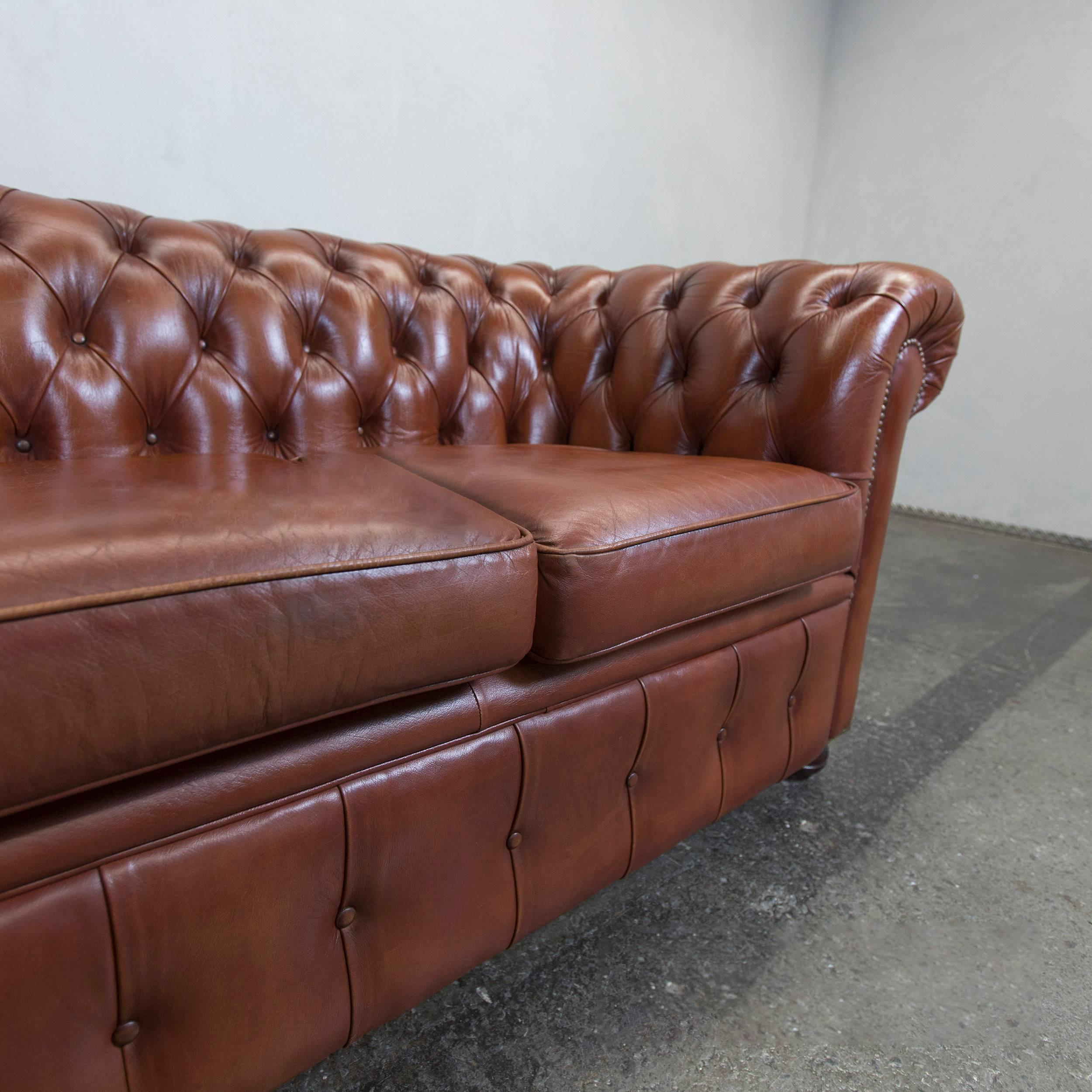 20th Century Chesterfield Leather Sofa Brown Two-Seat Couch Vintage Retro
