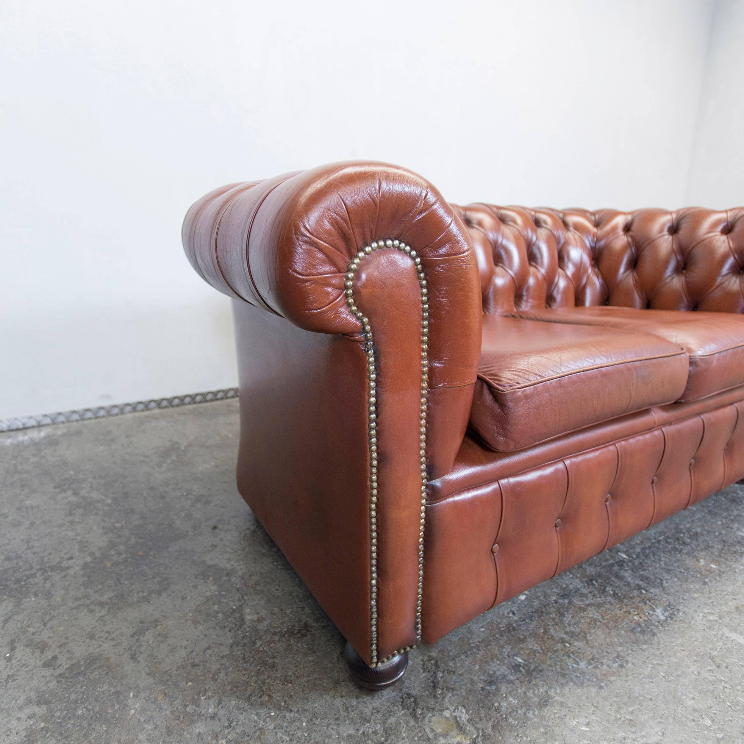 Chesterfield Leather Sofa Brown Two-Seat Couch Vintage Retro 1