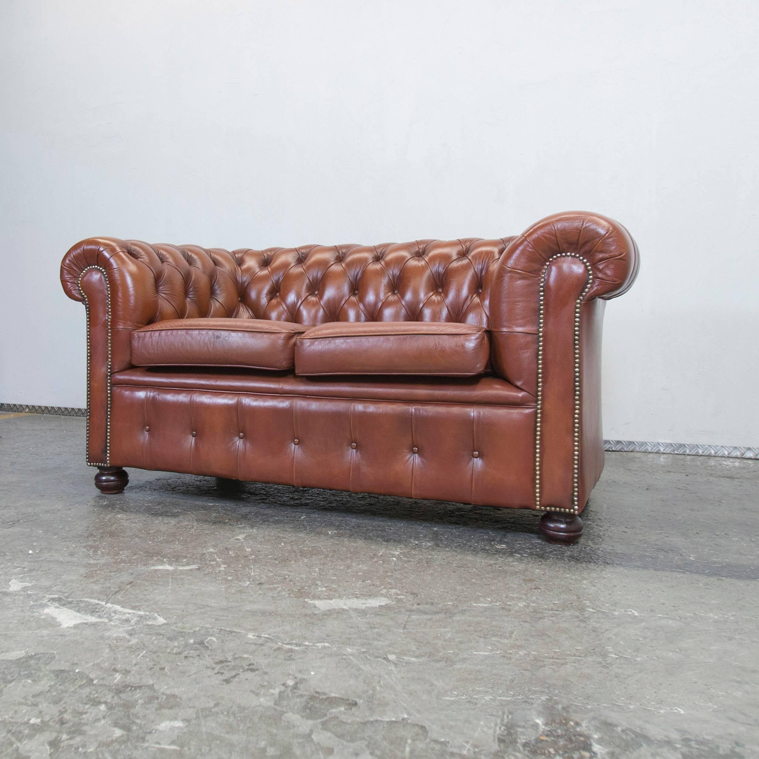 Chesterfield Leather Sofa Brown Two-Seat Couch Vintage Retro In Good Condition In Cologne, DE