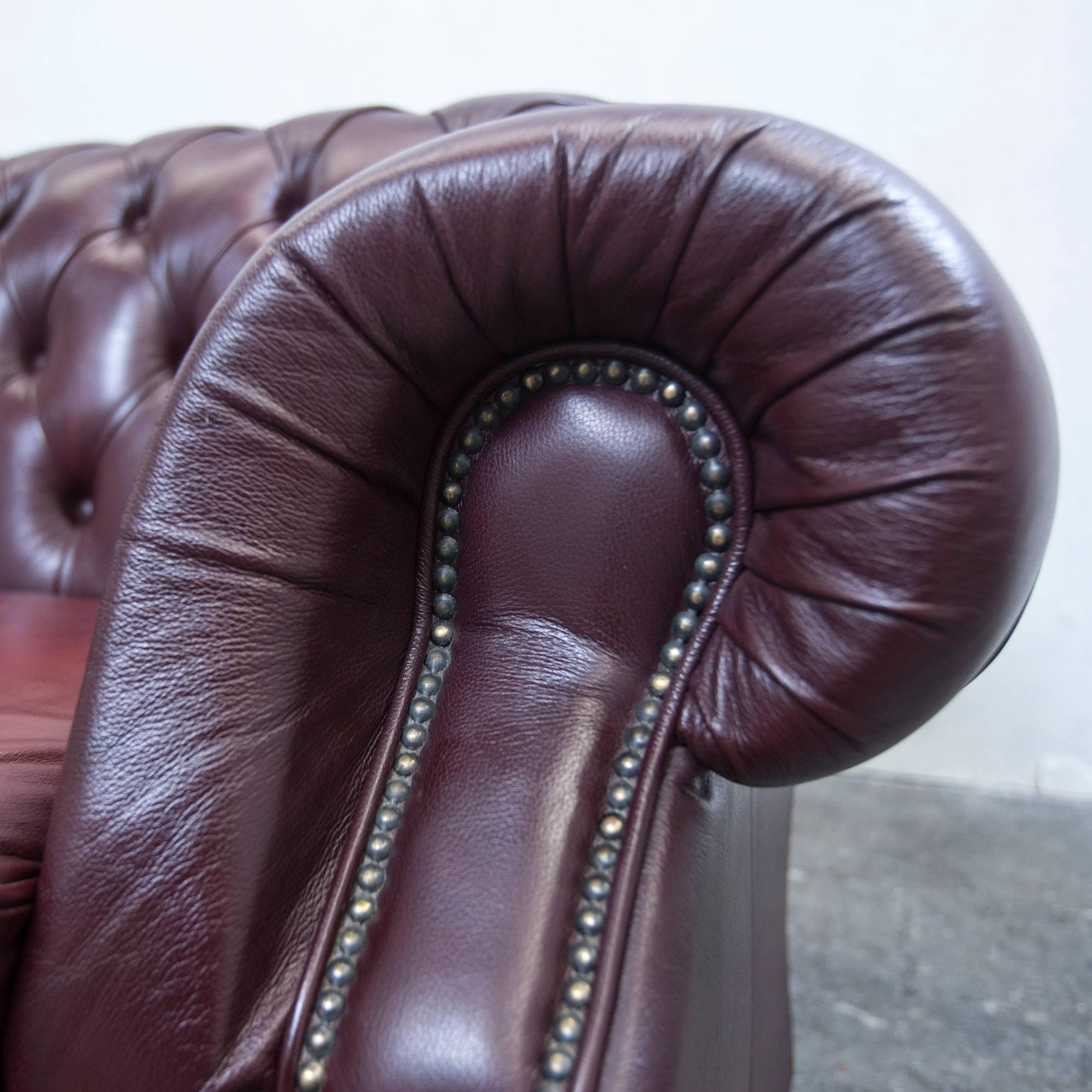 20th Century Chesterfield Sofa Red Brown Leather Three-Seat Couch Retro Vintage