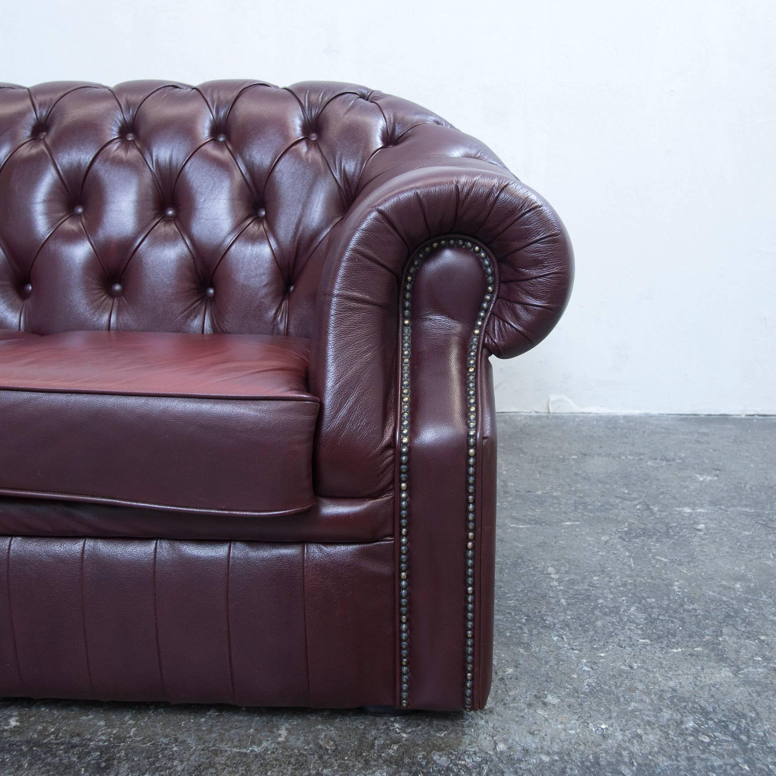 British Chesterfield Sofa Red Brown Leather Three-Seat Couch Retro Vintage