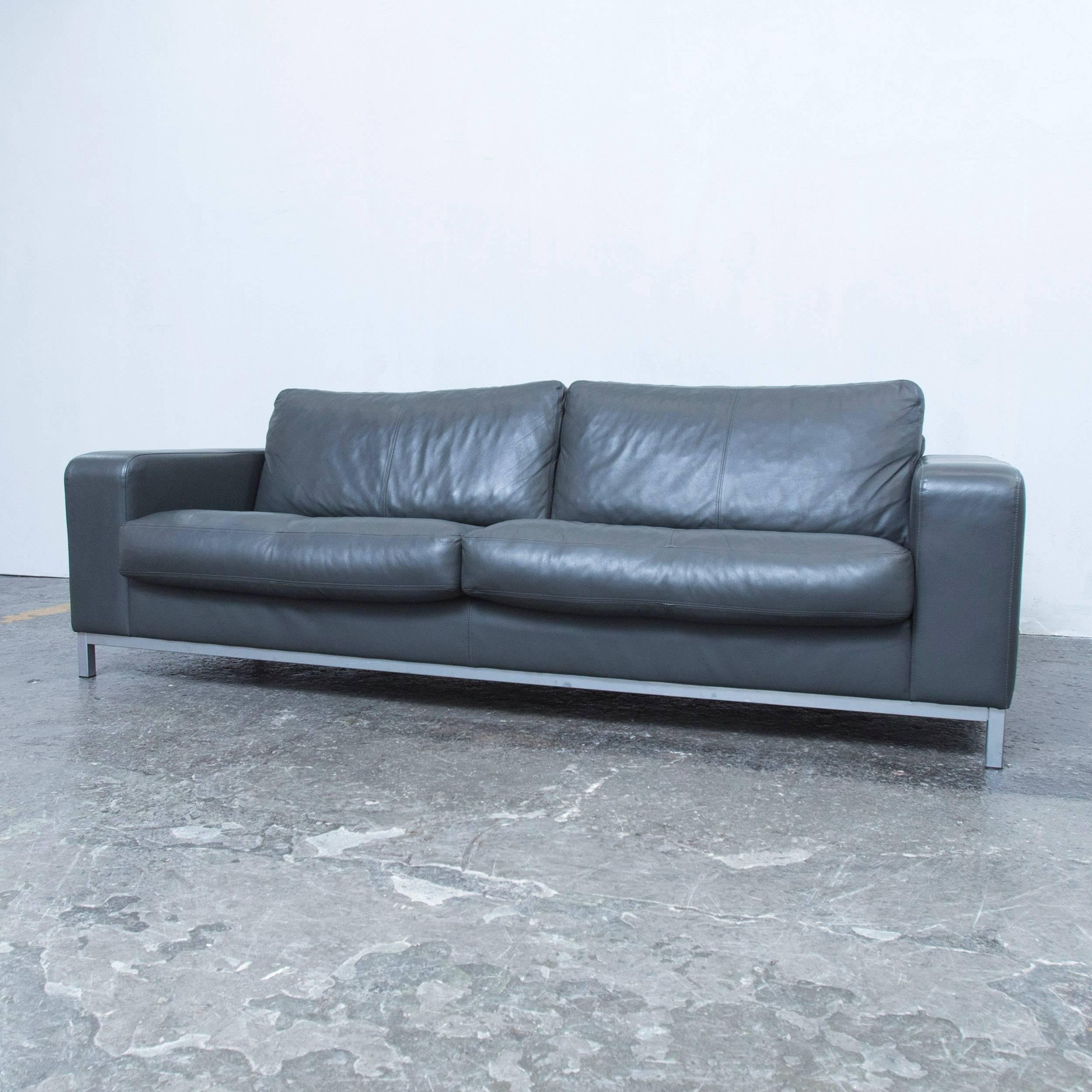 German Machalke Designer Sofa in Grey Leather Three-Seat Couch, Modern For Sale