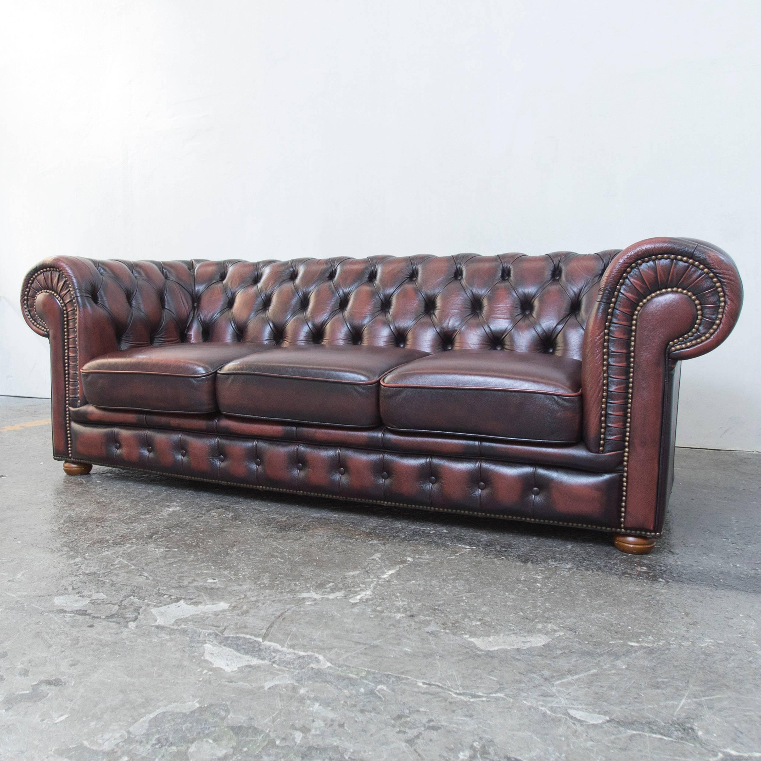 Original Chesterfield Leather Sofa Brown Three-Seat Couch Vintage Retro In Good Condition In Cologne, DE