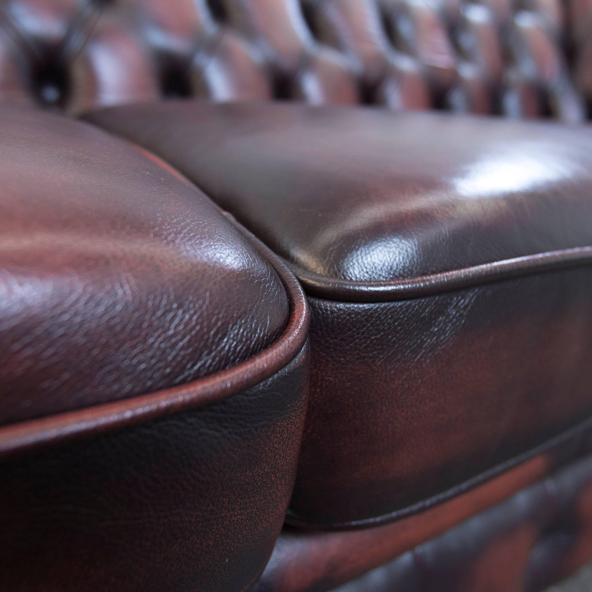 20th Century Original Chesterfield Leather Sofa Brown Three-Seat Couch Vintage Retro