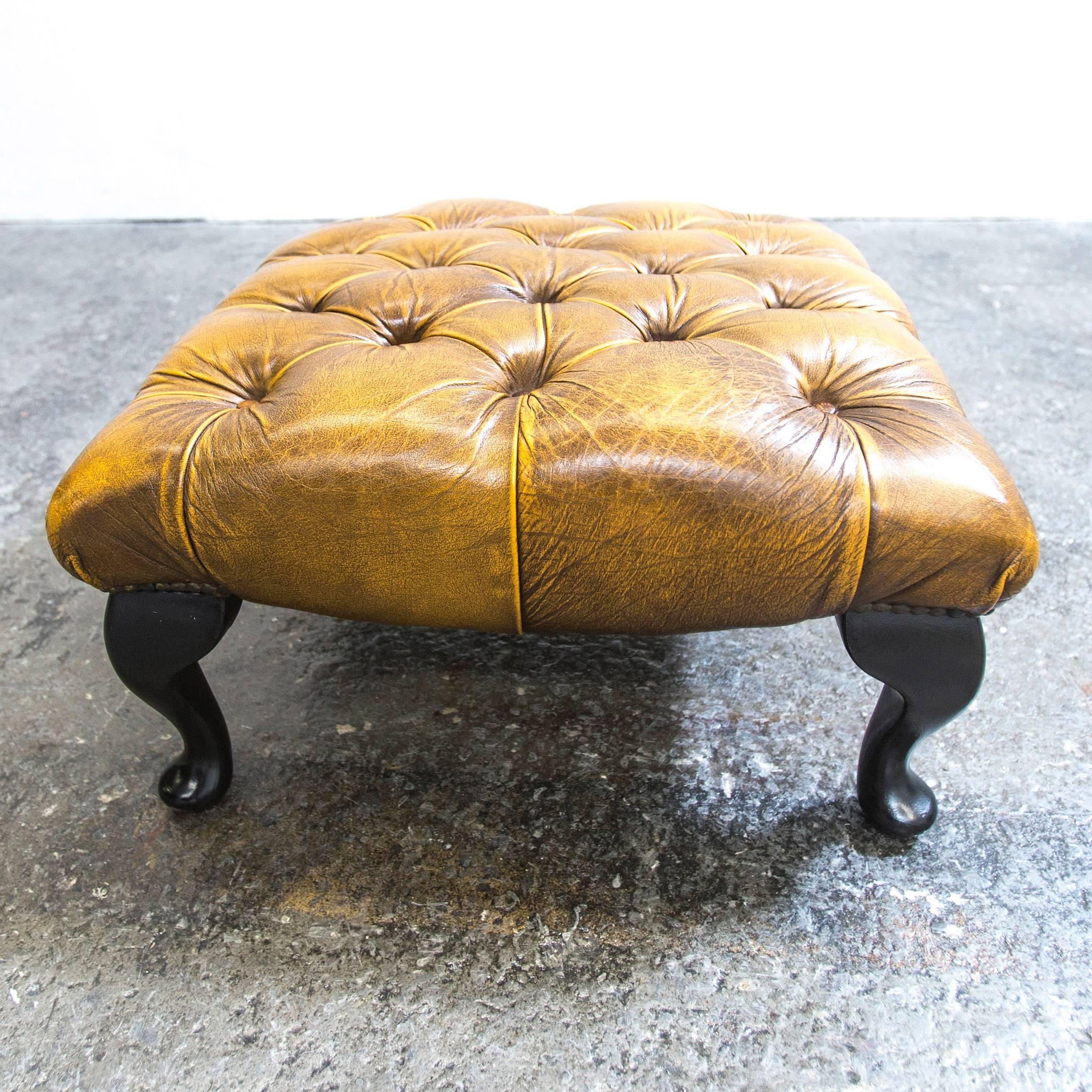 British Chesterfield Leather Footstool Ocher Brown Oneseater Couch Retro Vintage