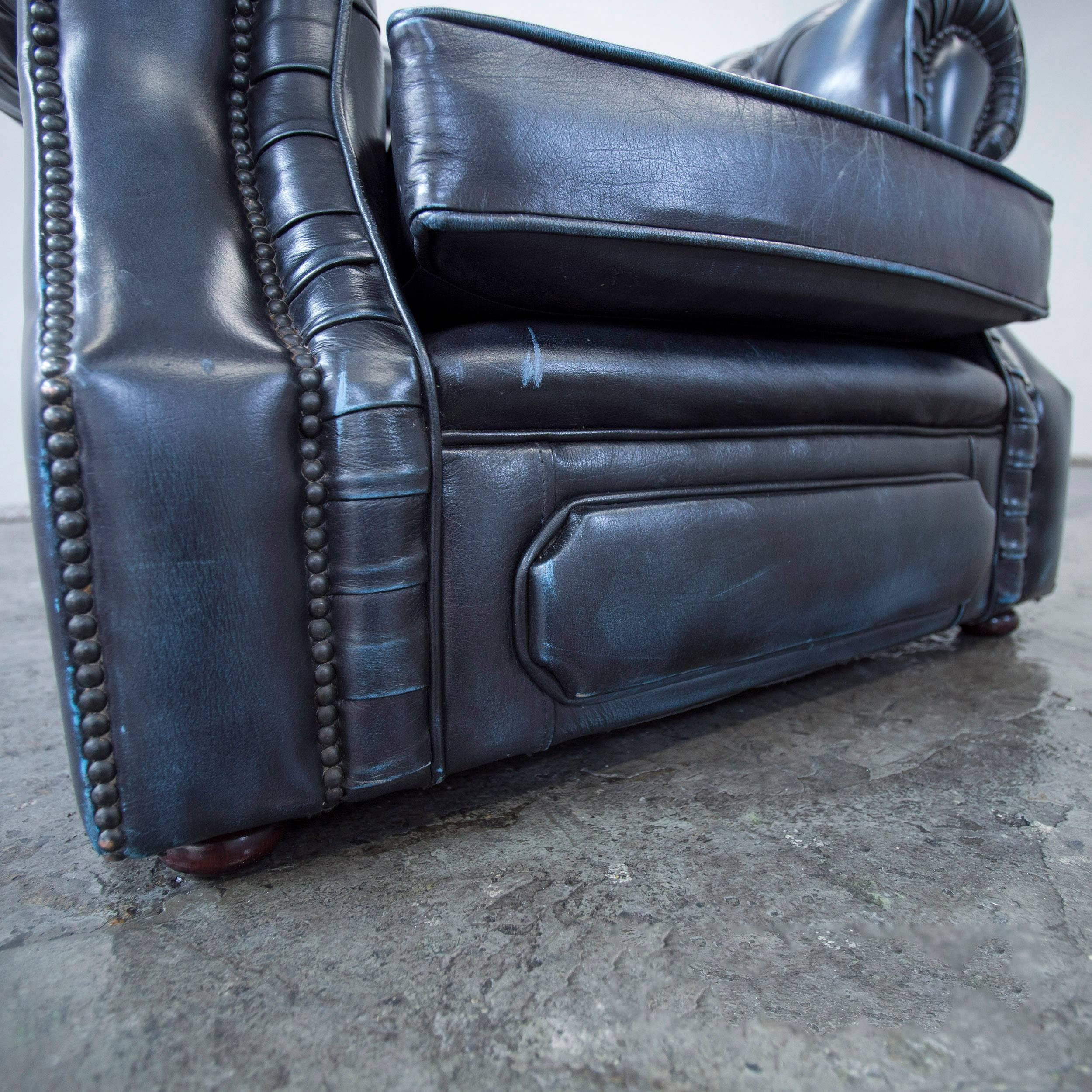 Original Chesterfield Leather Chair Blue One-Seat Vintage Retro In Good Condition In Cologne, DE