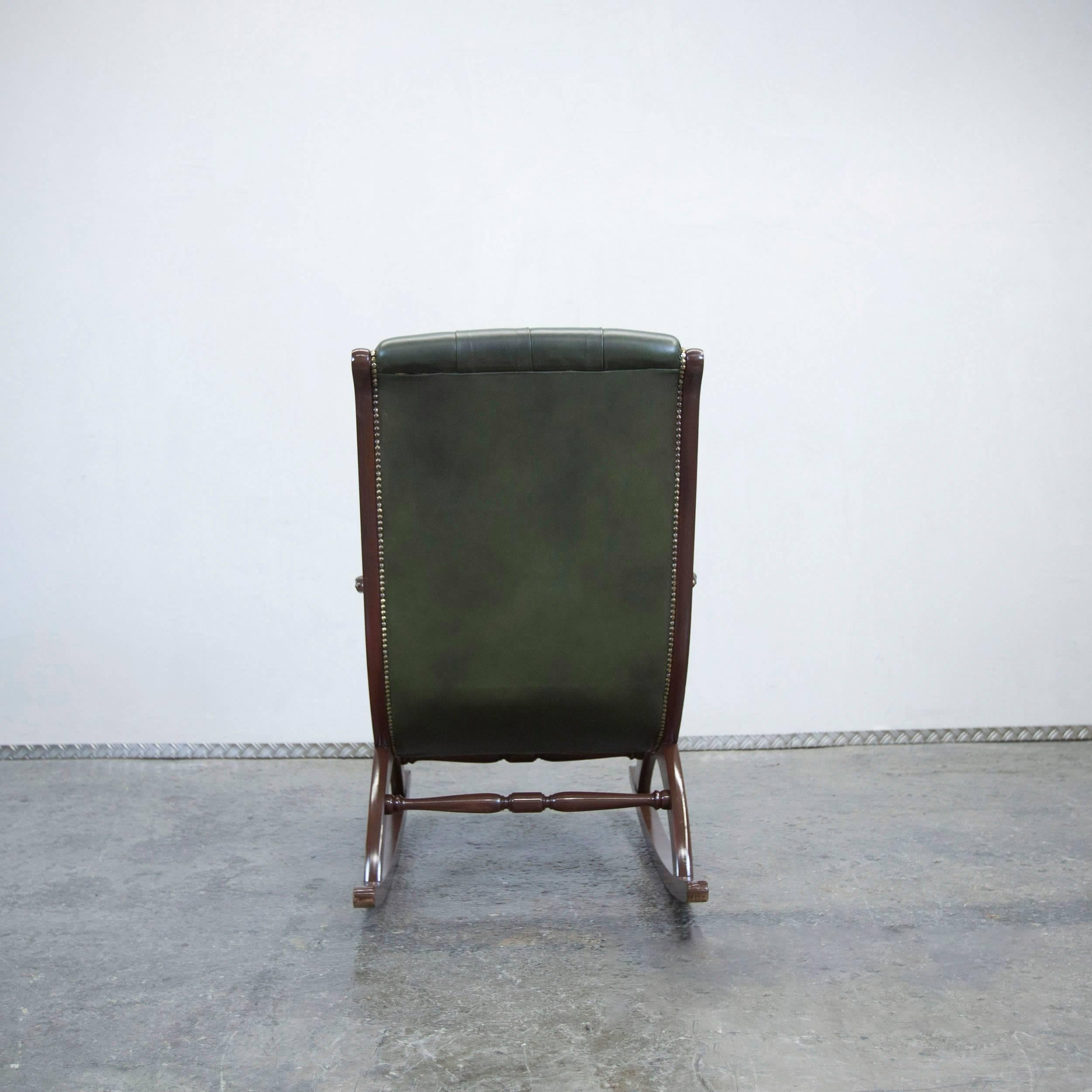 British Chesterfield Leather Rockingchair Green Oneseater Chair Vintage Retro Wood