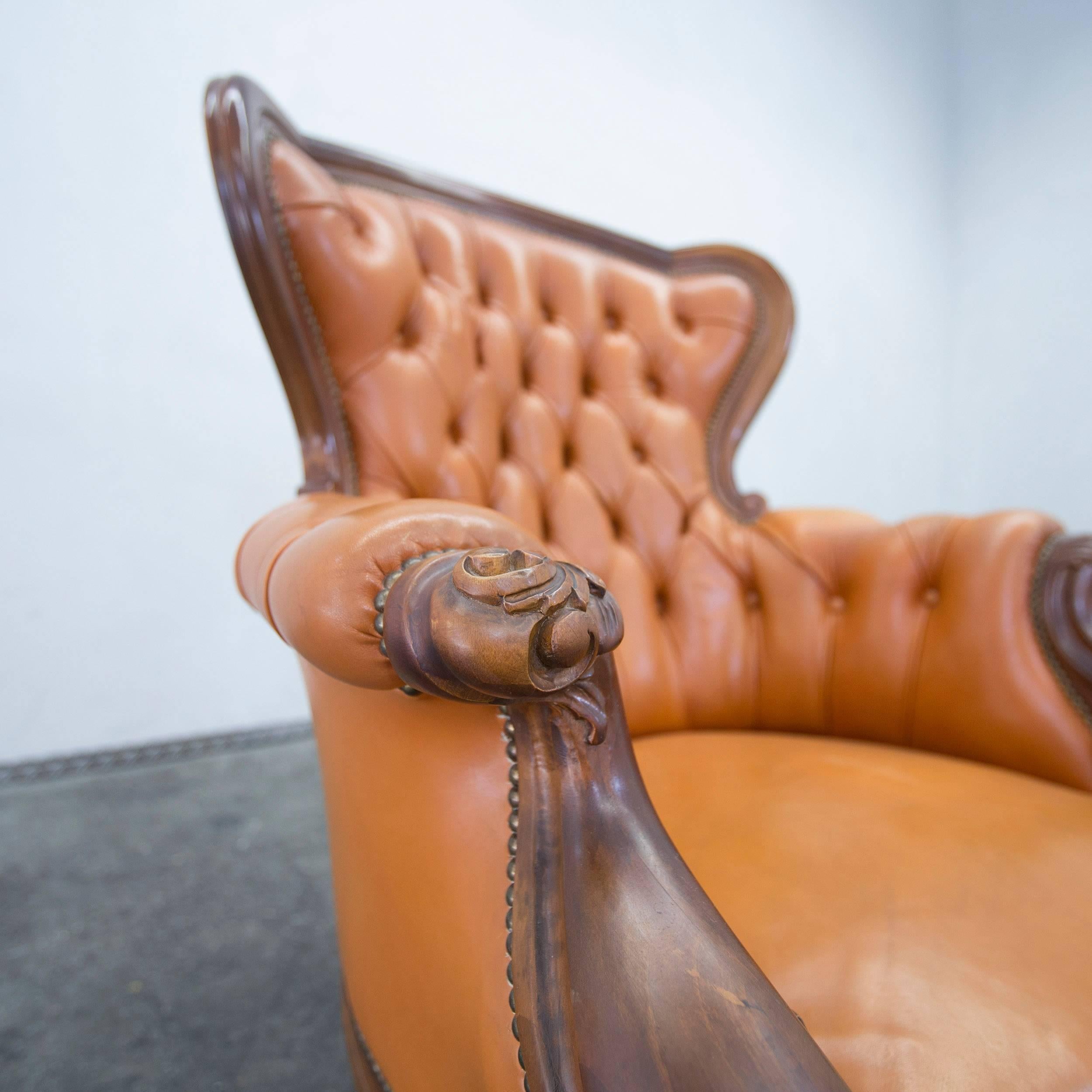 British Chesterfield Leather Armchair Orange Brown Wood Vintage Retro