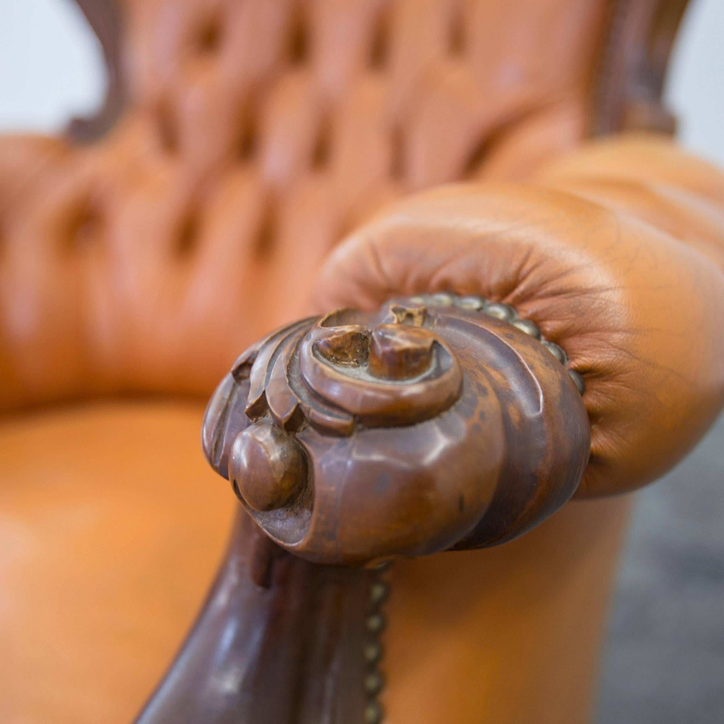 Chesterfield Leather Armchair Orange Brown Wood Vintage Retro In Good Condition In Cologne, DE