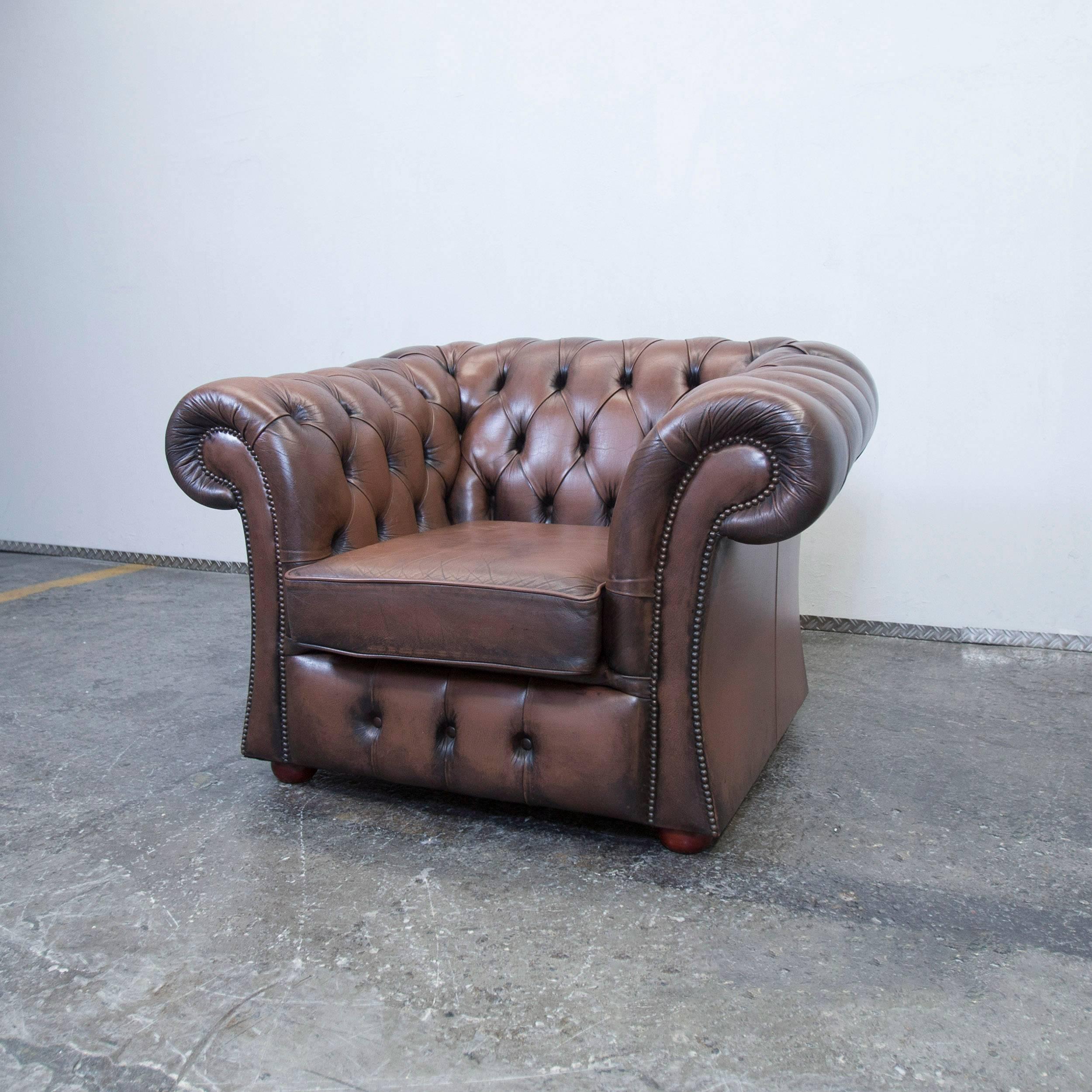 British Chesterfield Leather Armchair Brown Oneseater Chair Vintage Retro