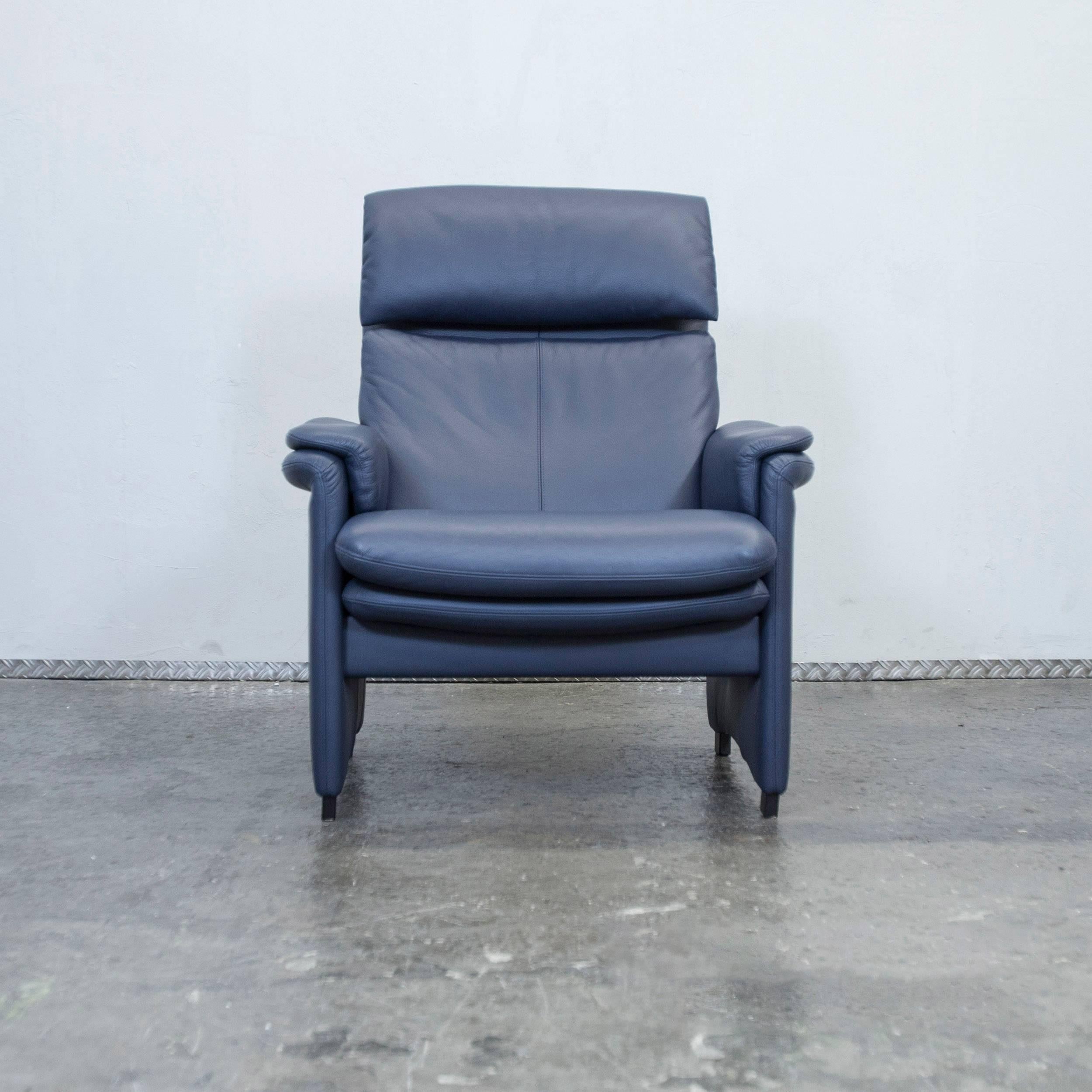 Blue colored original Erpo designer leather relax chair in a modern design, with convenient functions, made for pure comfort.