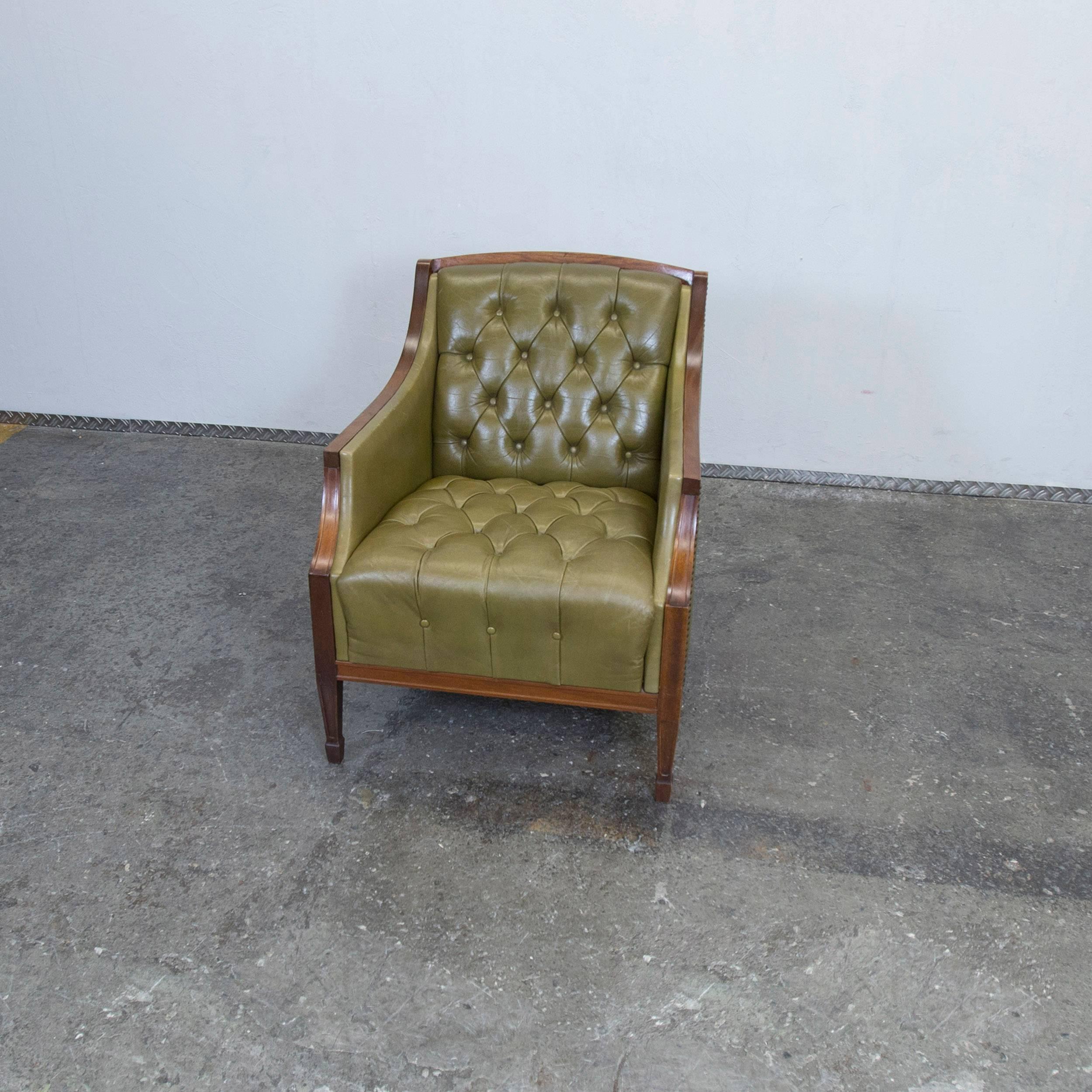 British Chesterfield Leather Armchair Green One-Seat Chair Vintage Retro