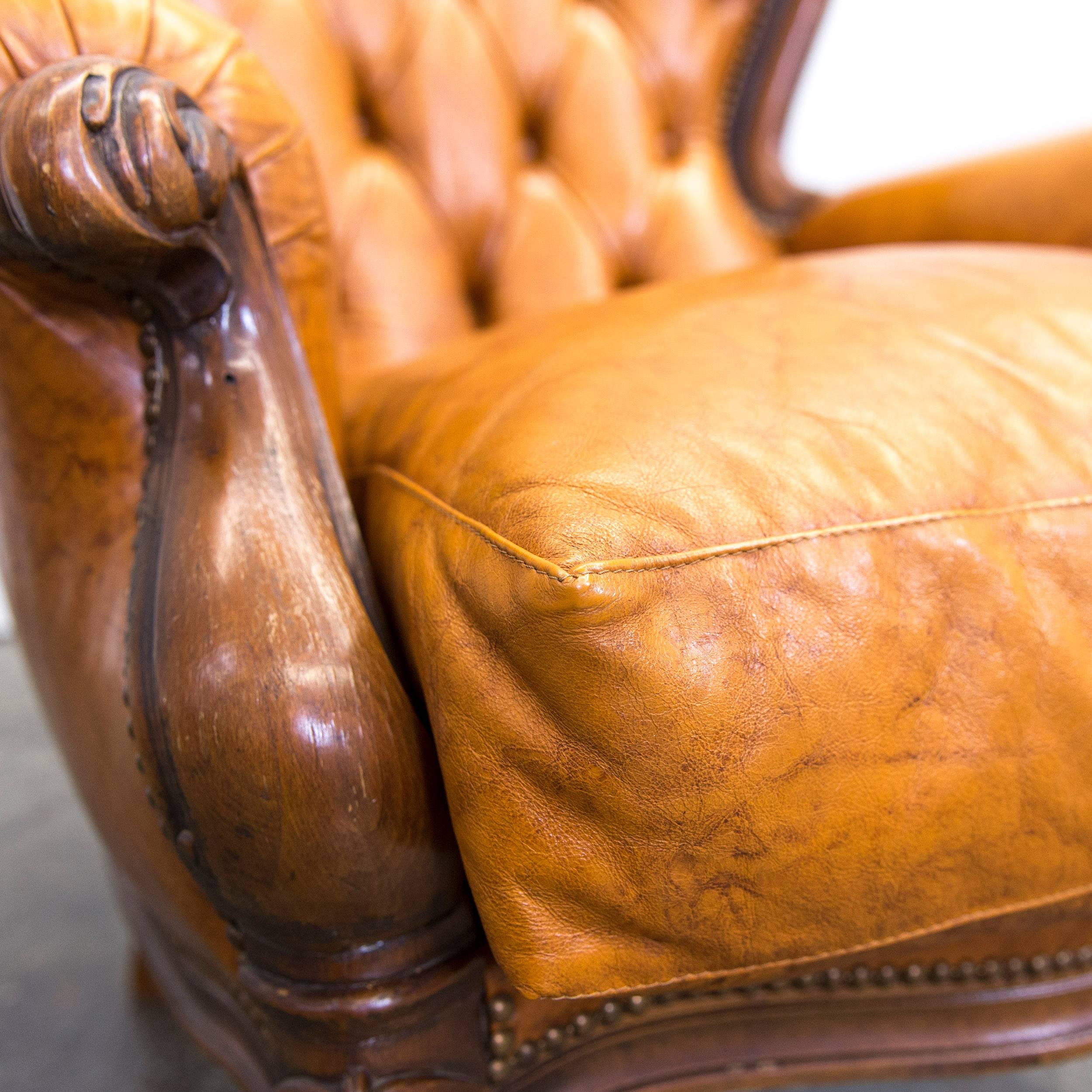 Chesterfield Leather Armchair Cognac Brown One-Seat Couch Wood Retro Vintage 1