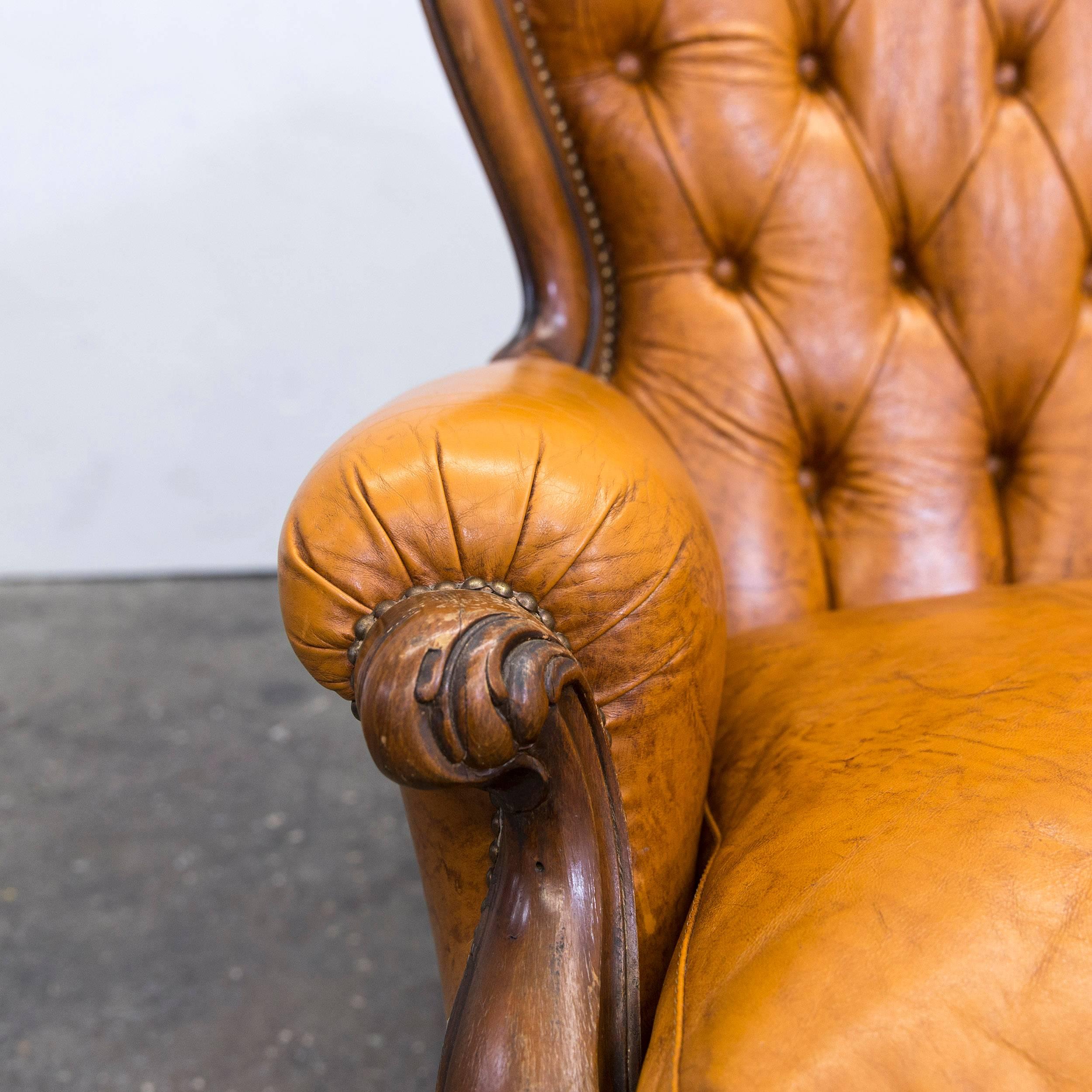 British Chesterfield Leather Armchair Cognac Brown One-Seat Couch Wood Retro Vintage