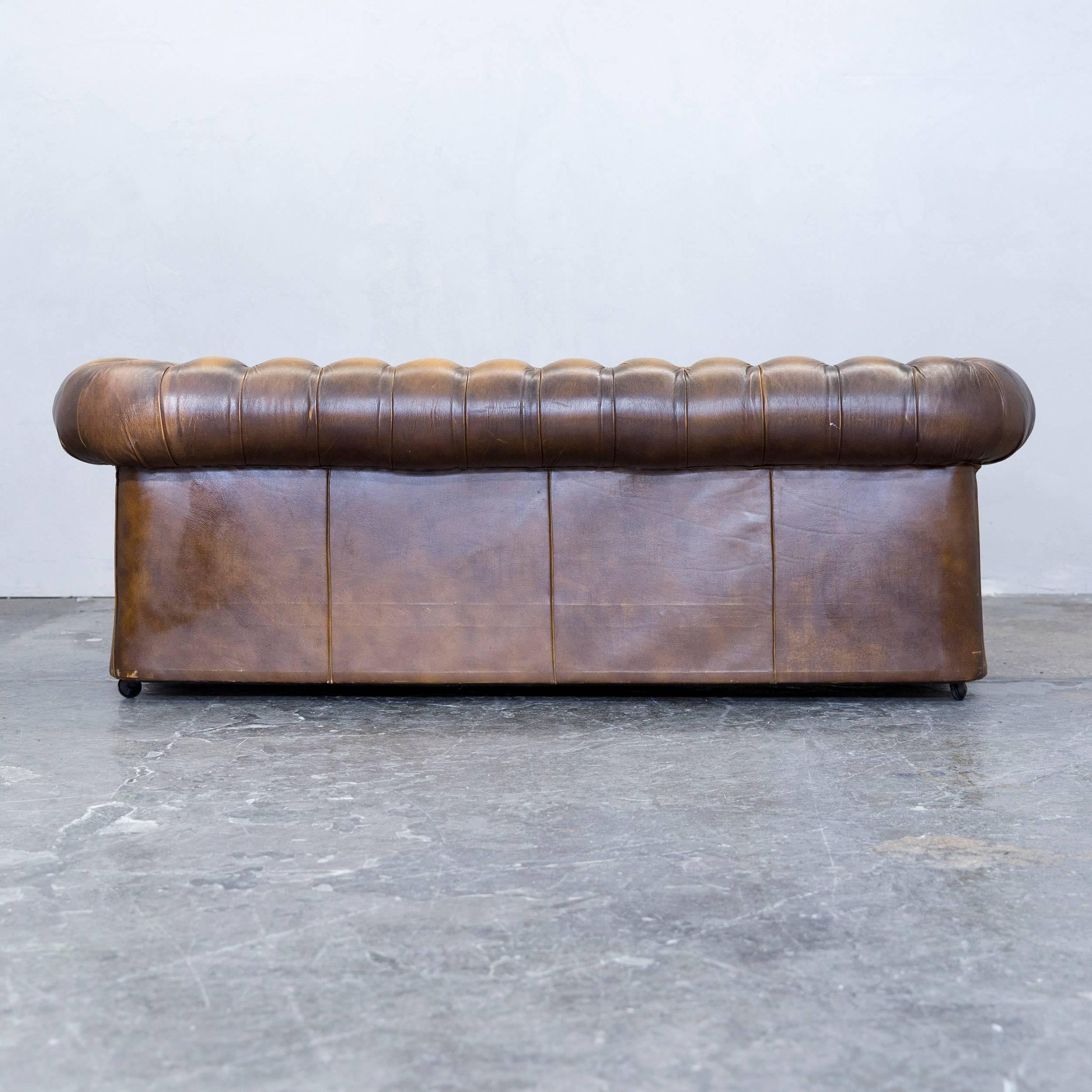 Thomas Lloyd Chesterfield Leather Sofa Ocre Brown Three-Seat Couch Retro Vintage 1