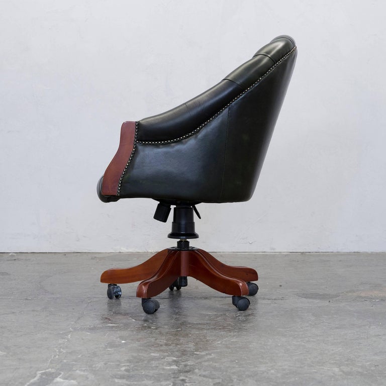 Chesterfield Leather Office Chair Green Vertically Adjustable Vintage