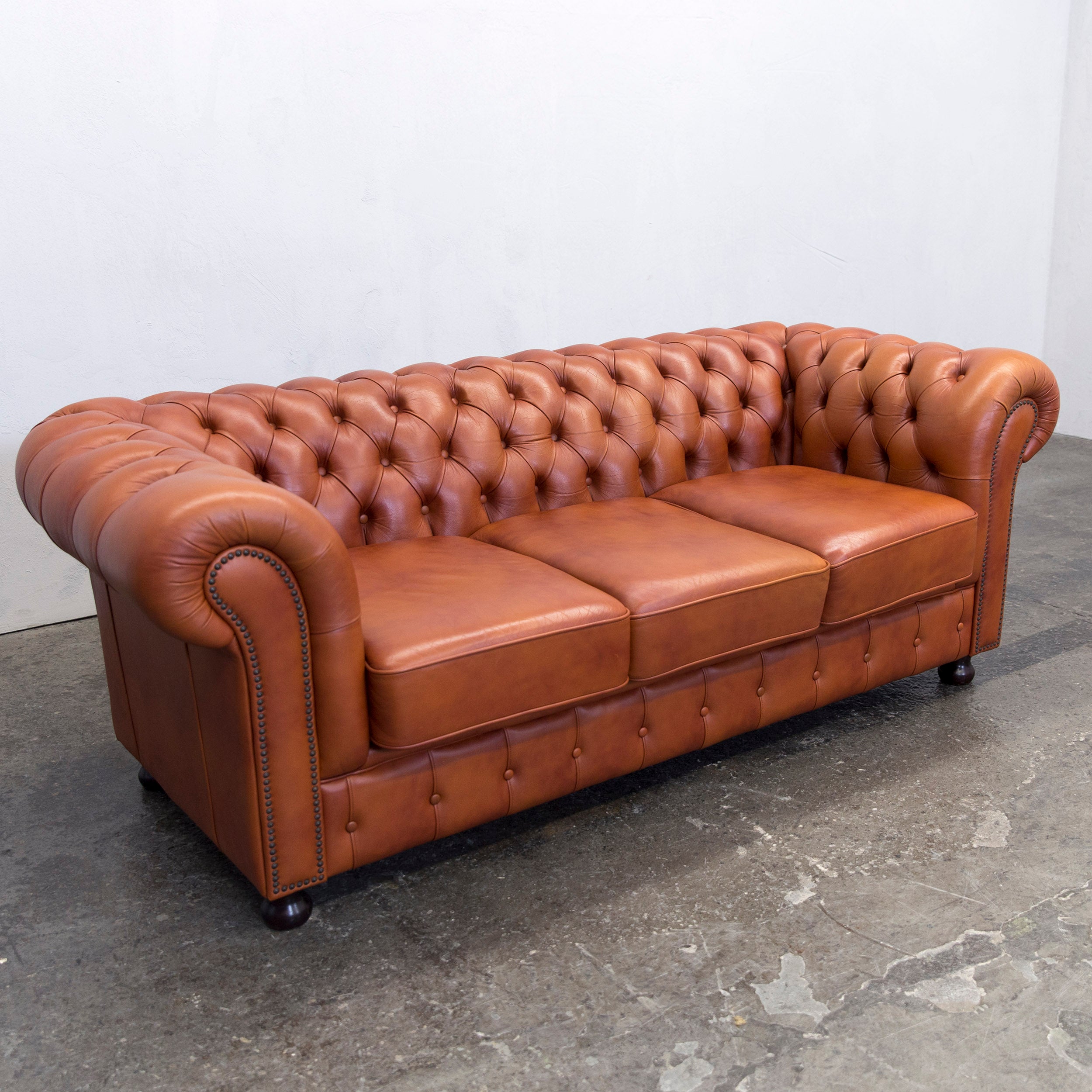 Original Chesterfield Three Seat Couch Authentic Leather Terracotta