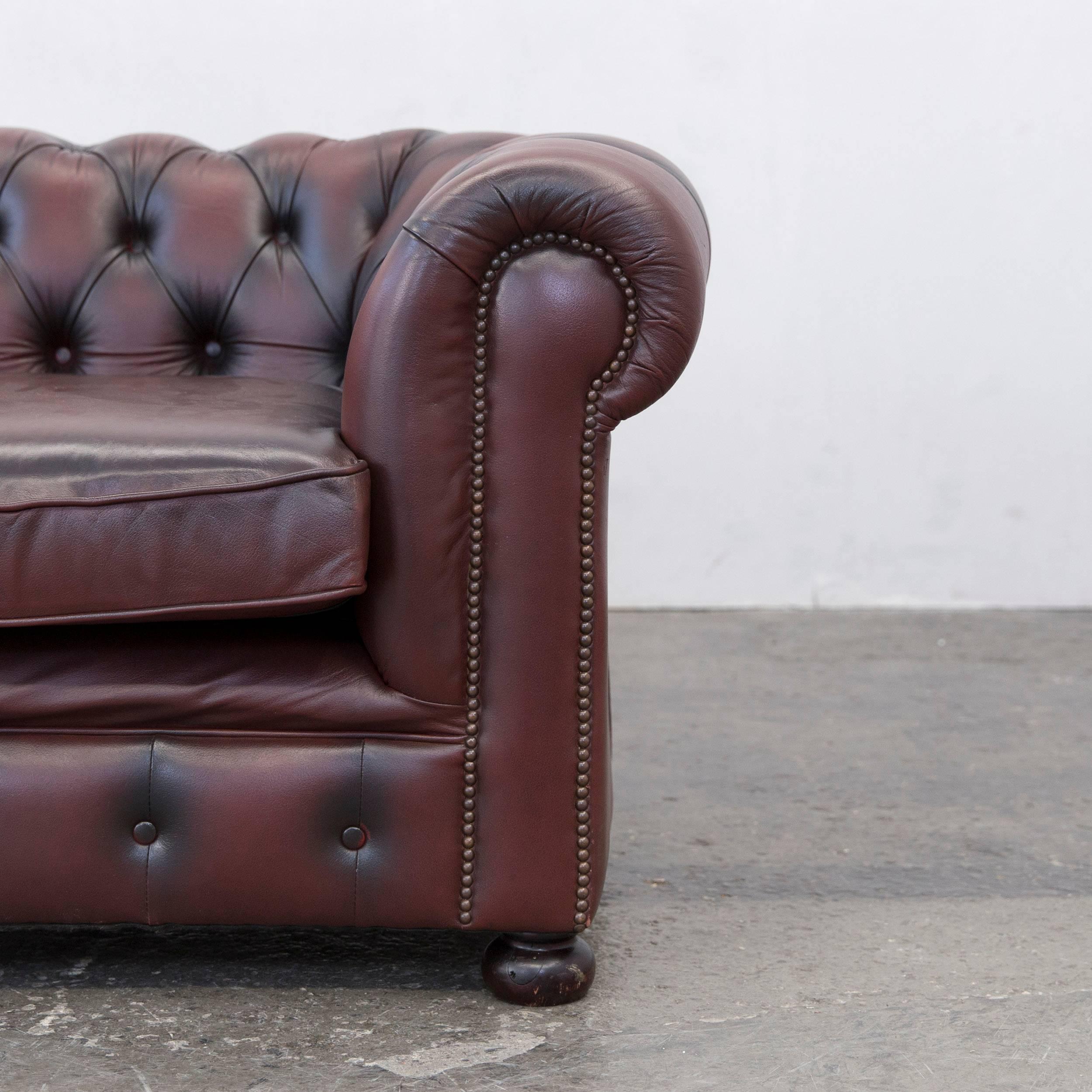 Original Chesterfield Two-Seat Couch Red Brown Authentic Leather In Good Condition In Cologne, DE