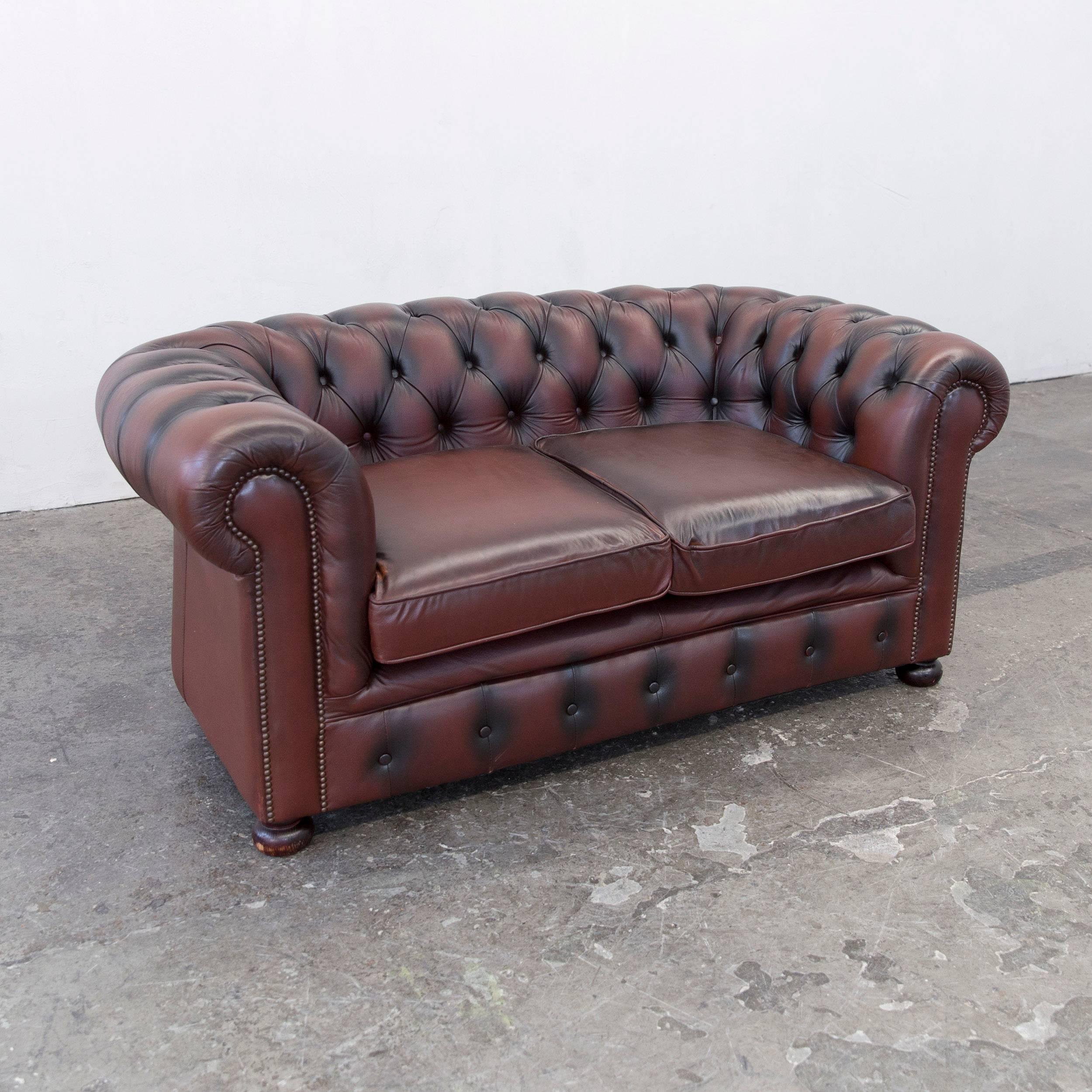 Contemporary Original Chesterfield Two-Seat Couch Red Brown Authentic Leather