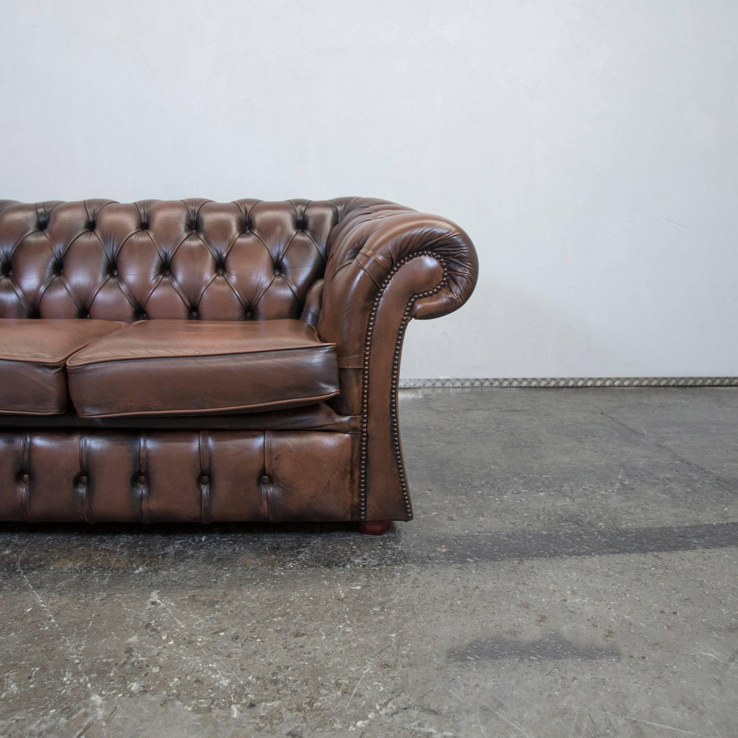 British Chesterfield Leather Sofa Brown Two-Seat Couch Retro Vintage