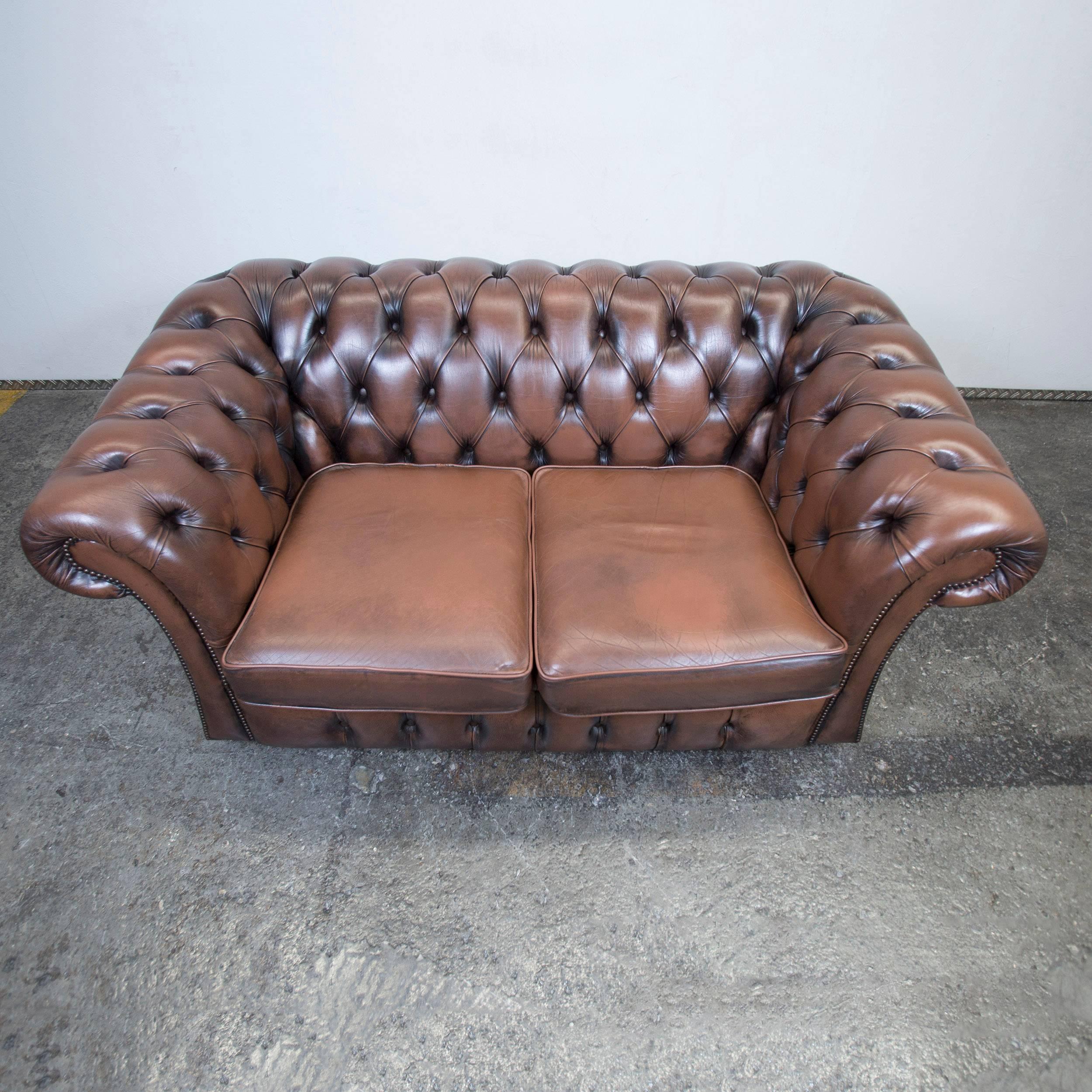 20th Century Chesterfield Leather Sofa Brown Two-Seat Couch Retro Vintage