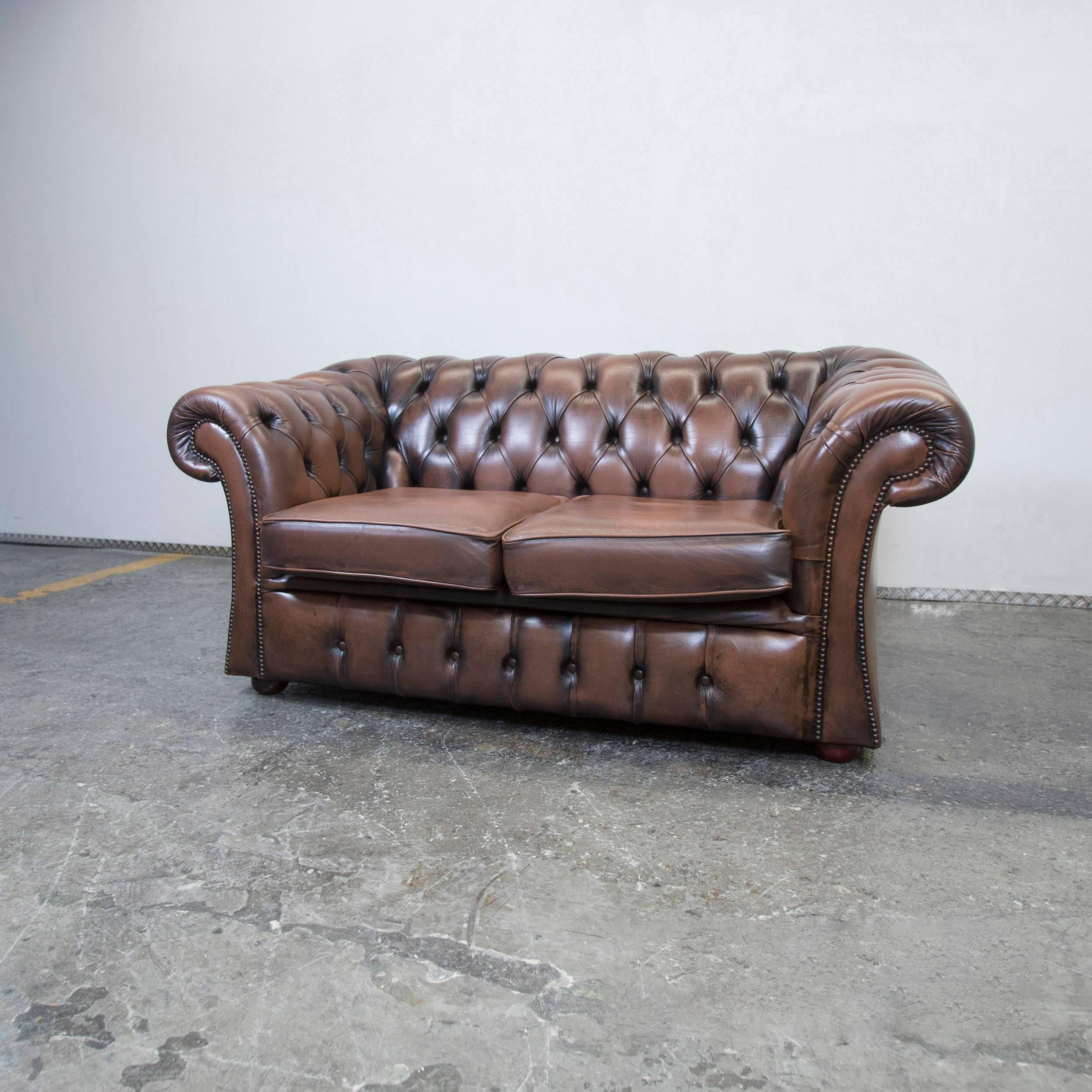 Chesterfield Leather Sofa Brown Two-Seat Couch Retro Vintage 1