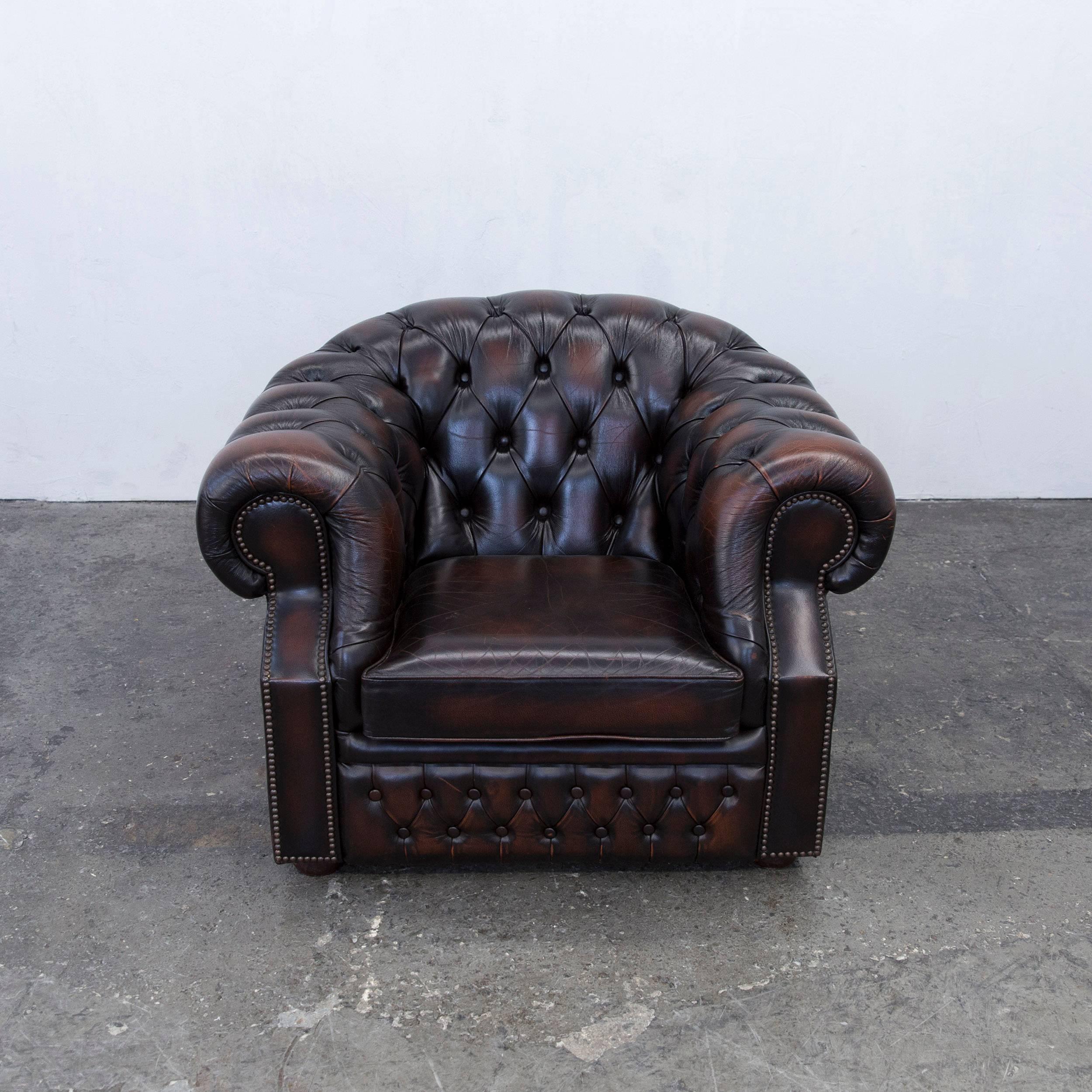 British Chesterfield Armchair Leather Brown One Seat Couch Vintage Retro