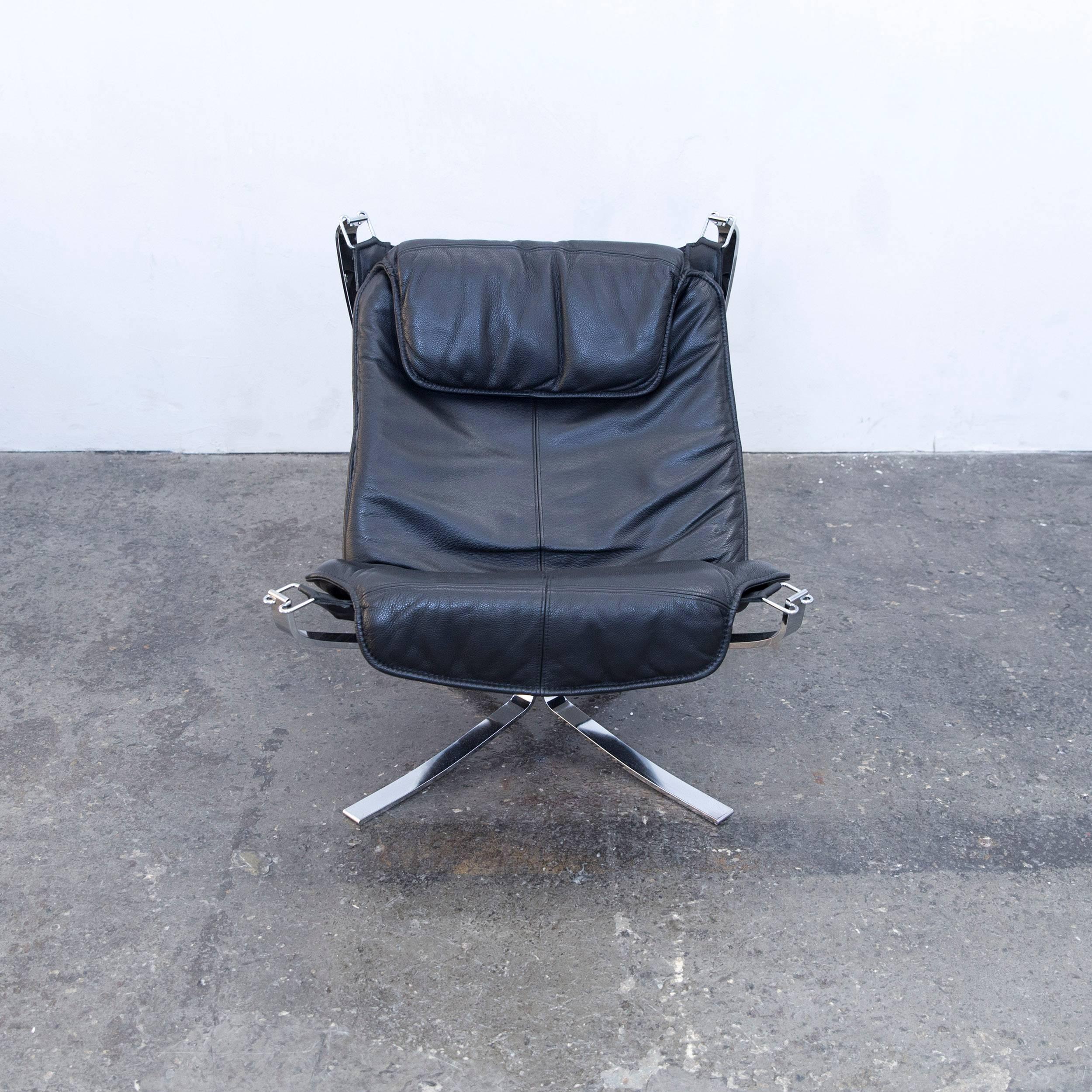 Norwegian Sigurd Resell Falcon Chair Leather Black Chrome One-Seat Footstool Modern