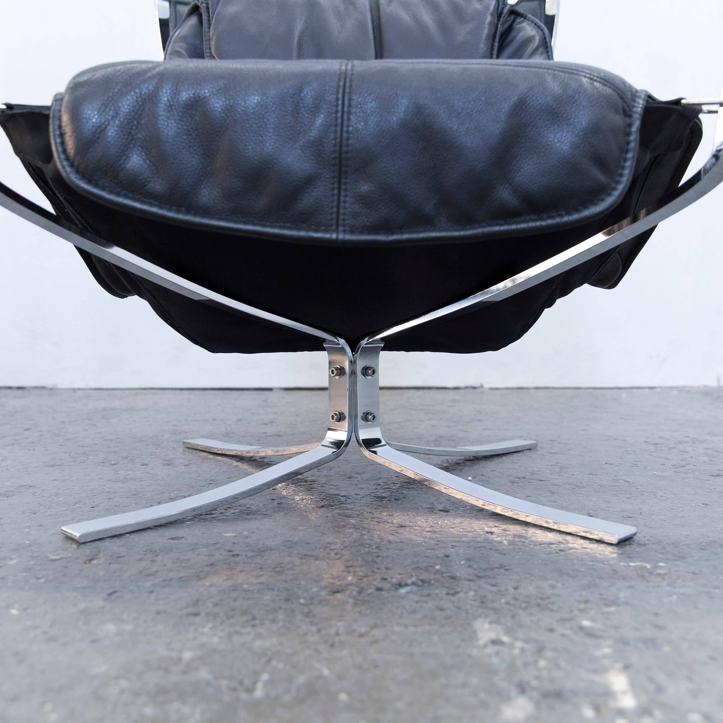 20th Century Sigurd Resell Falcon Chair Leather Black Chrome One-Seat Footstool Modern