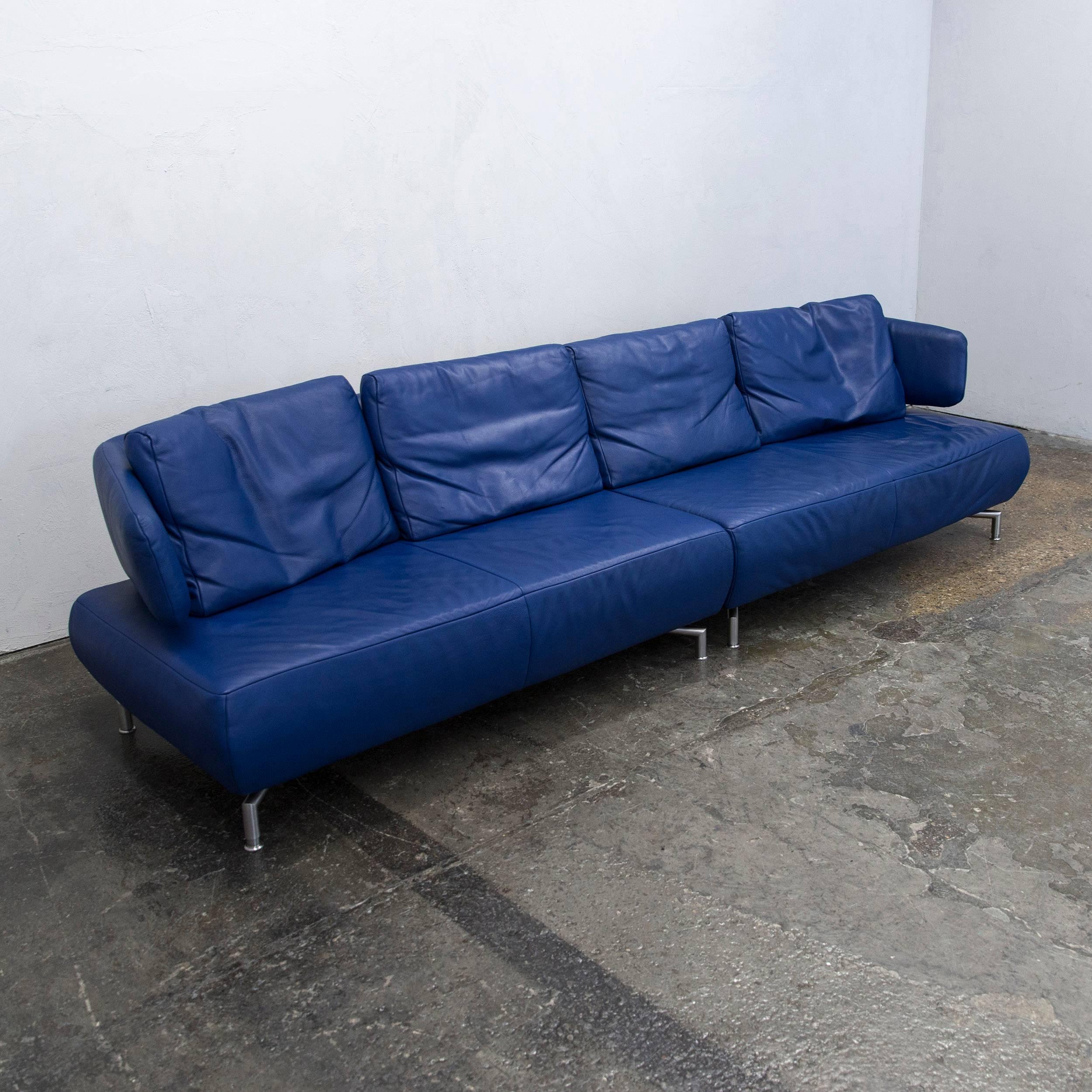German Koinor Designer Sofa Leather Blue Four-Seat Couch Function Modern For Sale