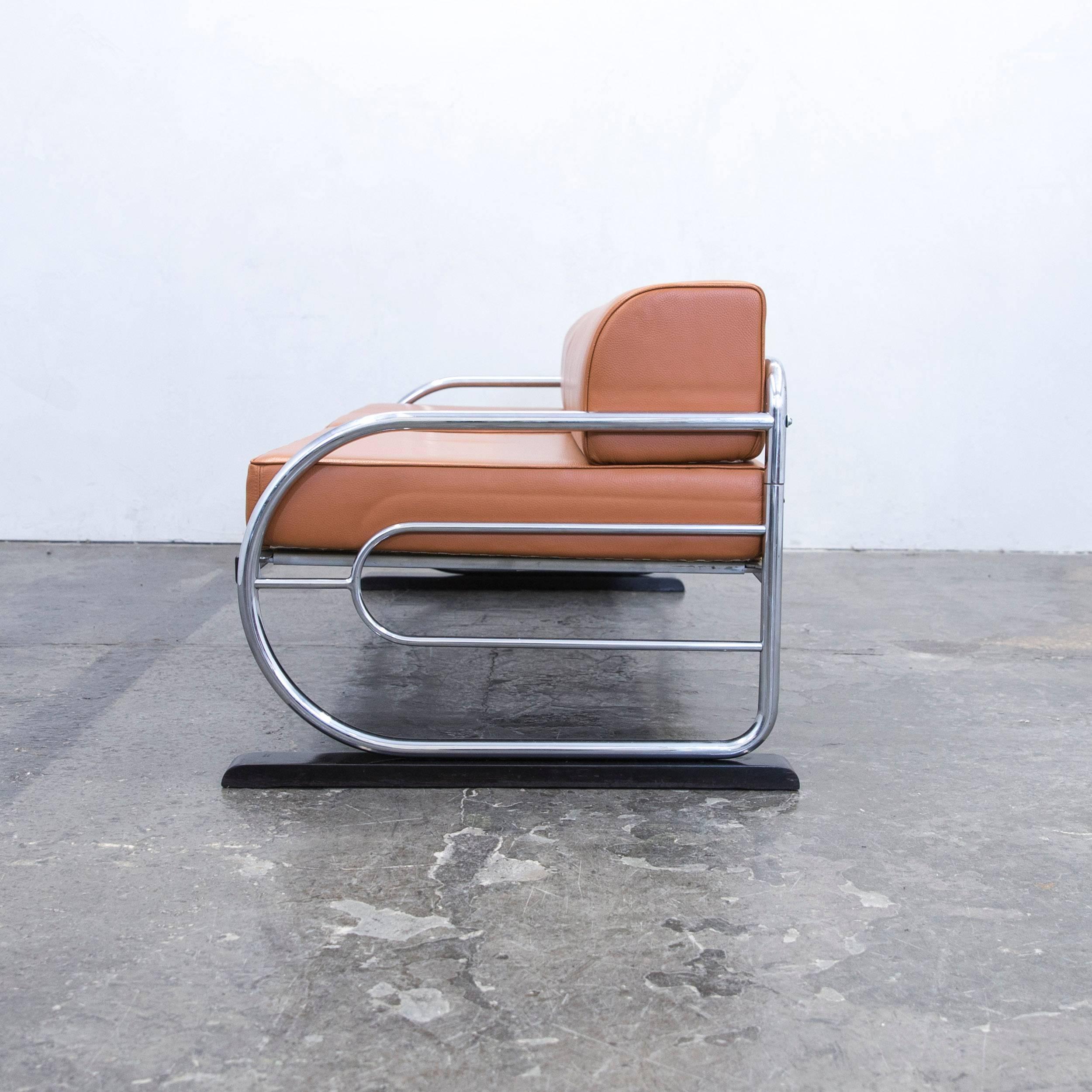 Mid-20th Century Gottwald Bauhaus Designer Sofa Leather Cognac Brown Three-Seat Metal Couch
