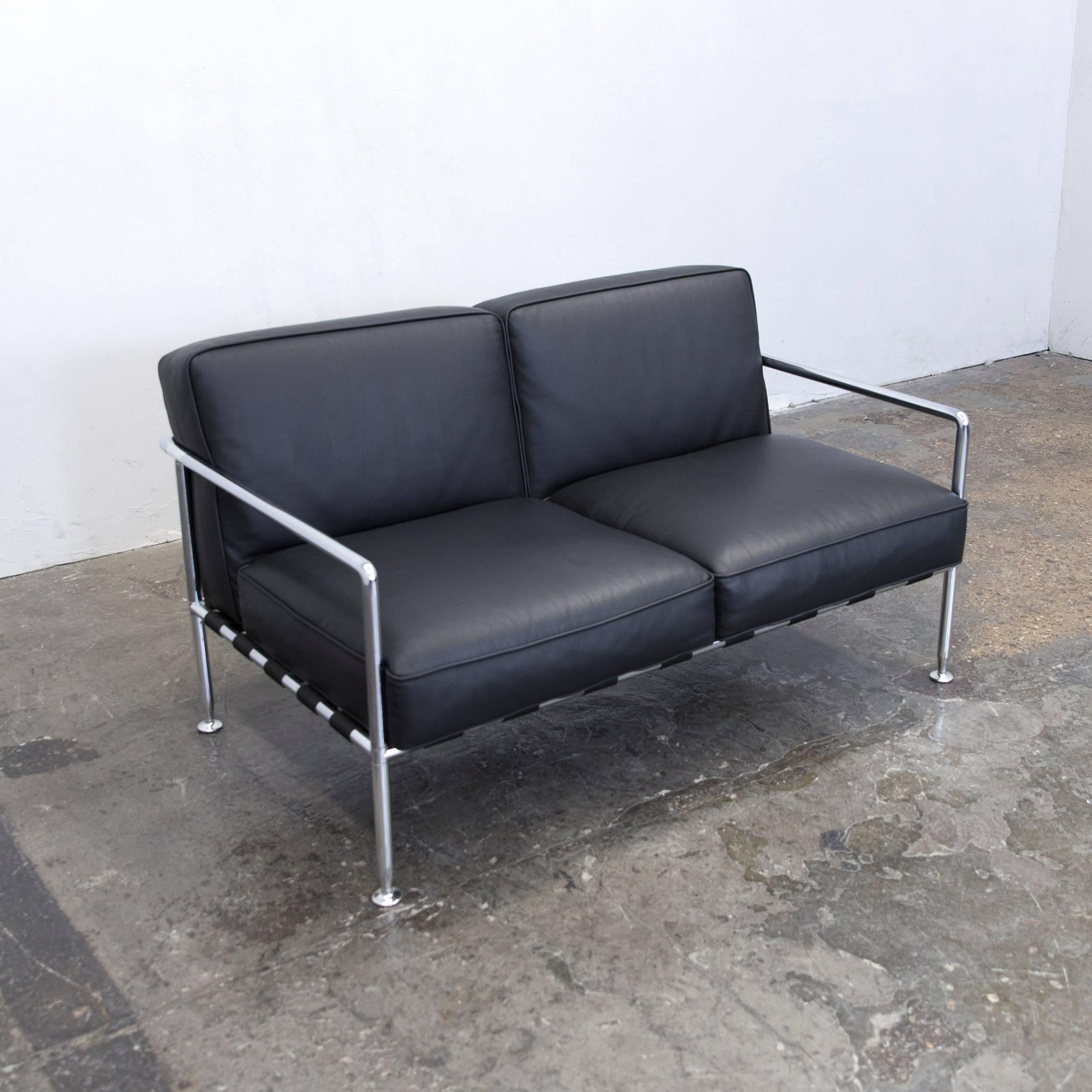 Italian B&B Italia Freetime Designer Sofa Leather Black Two-Seat Chrome Couch Modern For Sale